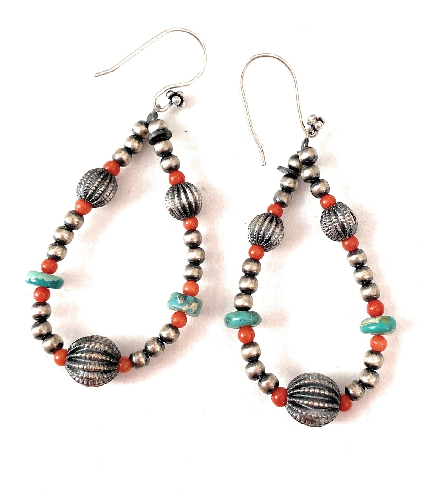 Handmade Coral, Turquoise And Sterling Silver Beaded Dangle Earrings