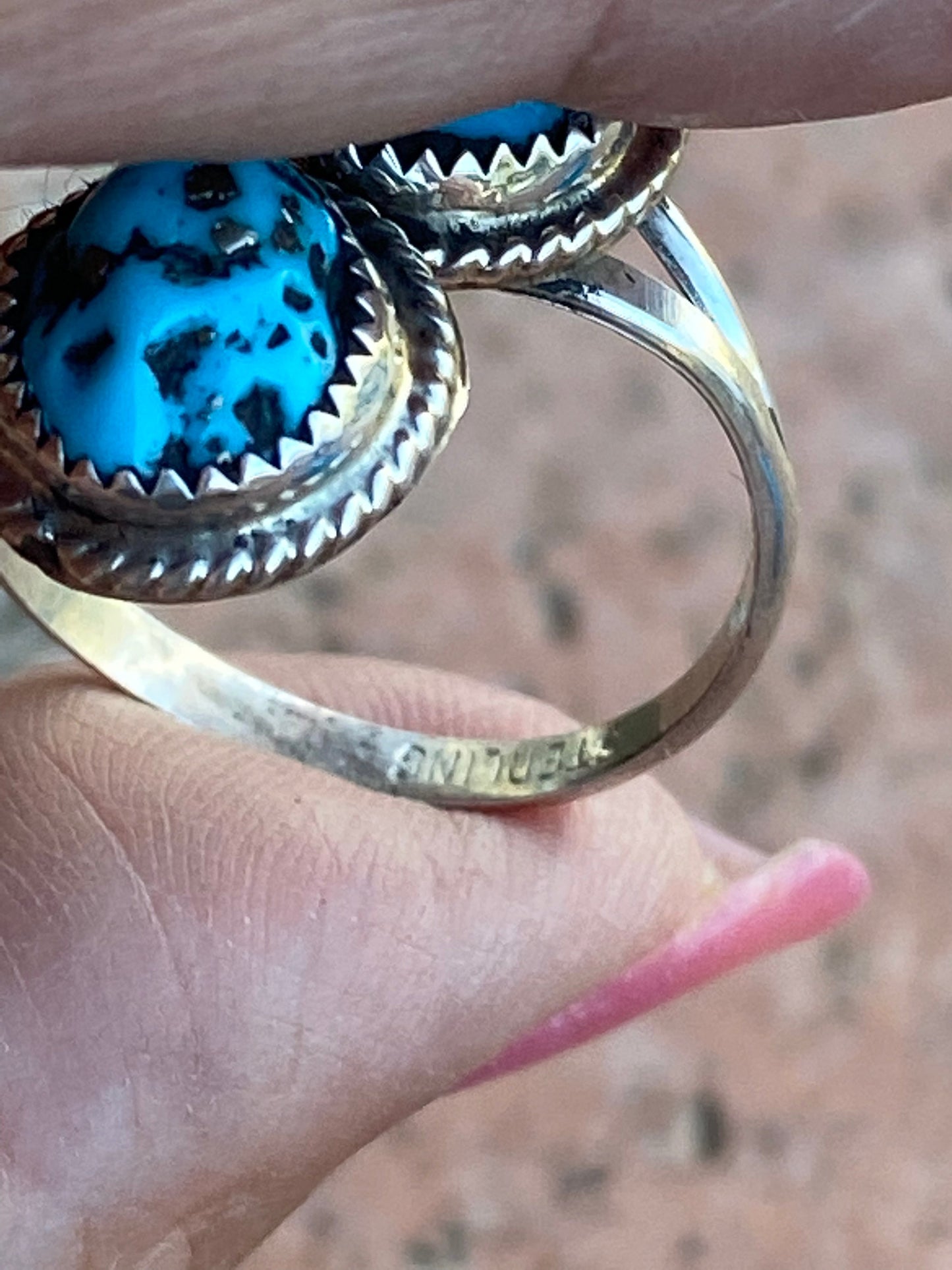 Navajo 2 Stone Turquoise And Sterling Silver Adjustable Ring