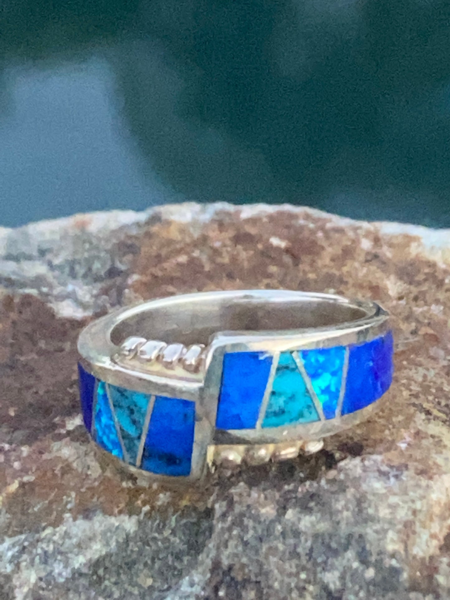 Navajo Lapis, Turquoise, Blue Opal & Sterling Silver Band Ring