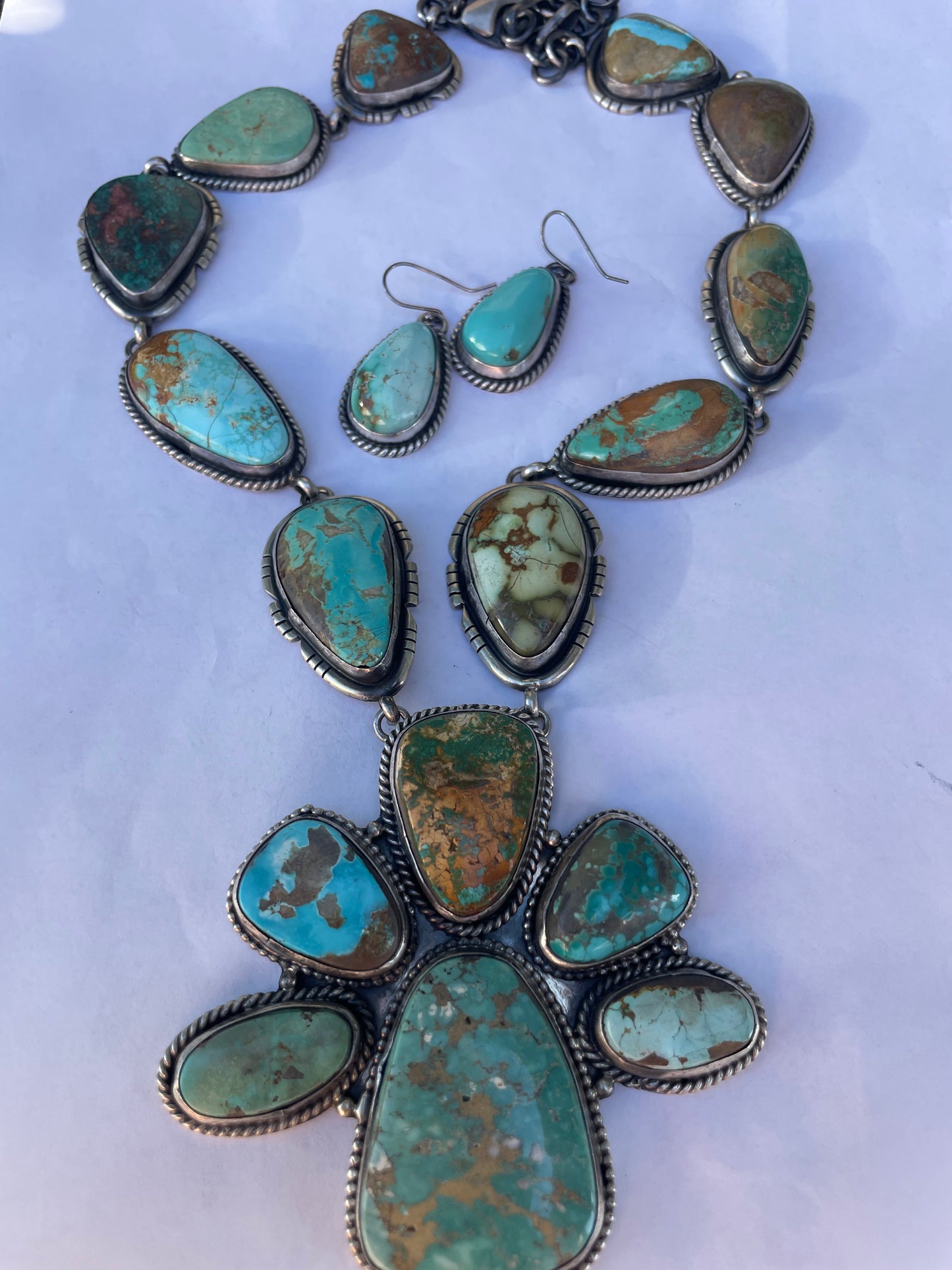 Navajo Sterling Silver & Royston Turquoise Necklace & Earring Set Signed RB