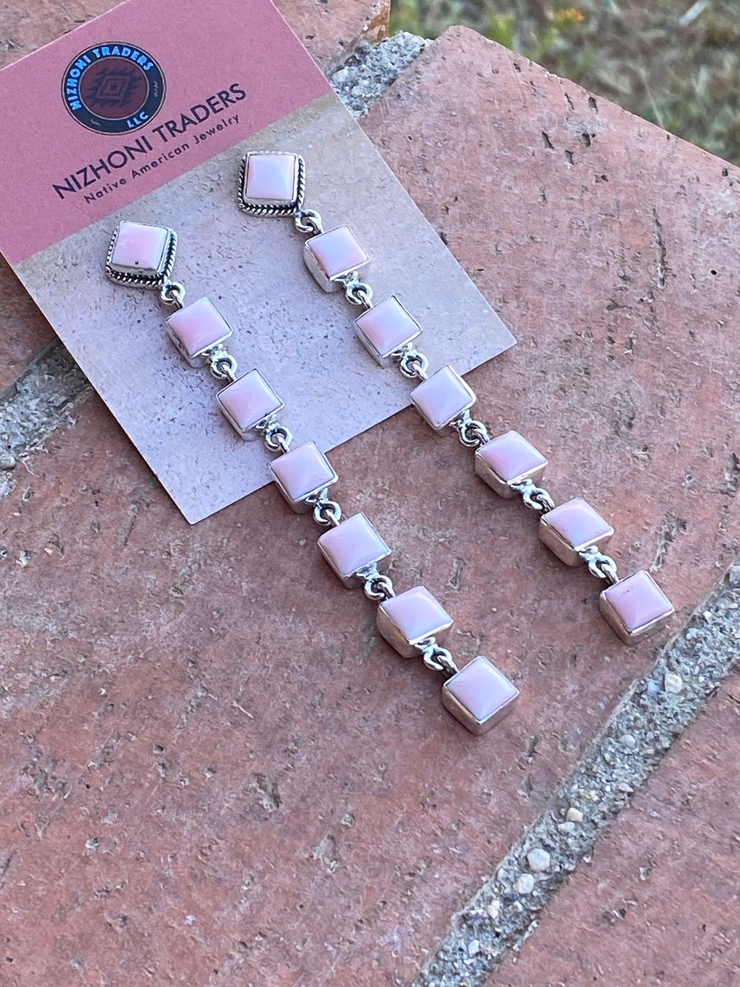 Navajo Sterling Silver Pink Conch Square Dangle Earrings Signed