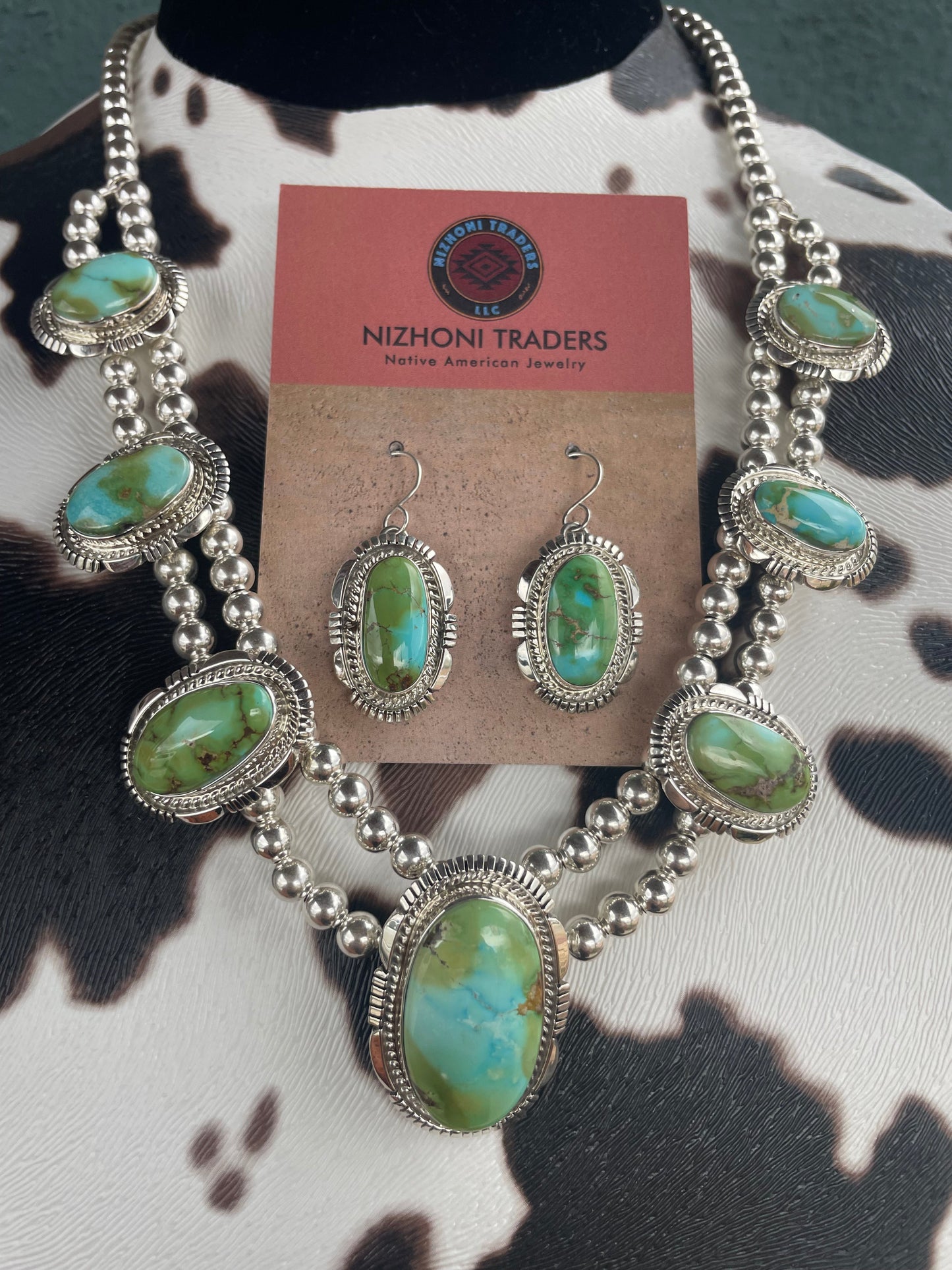 Beautiful Navajo Sterling Silver Sonoran Mountain Turquoise Necklace & Earring Set