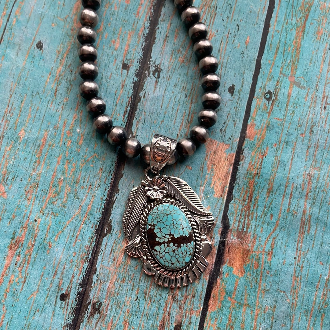 Handmade Sterling Silver & Number 8 Turquoise Pendant Signed Nizhoni