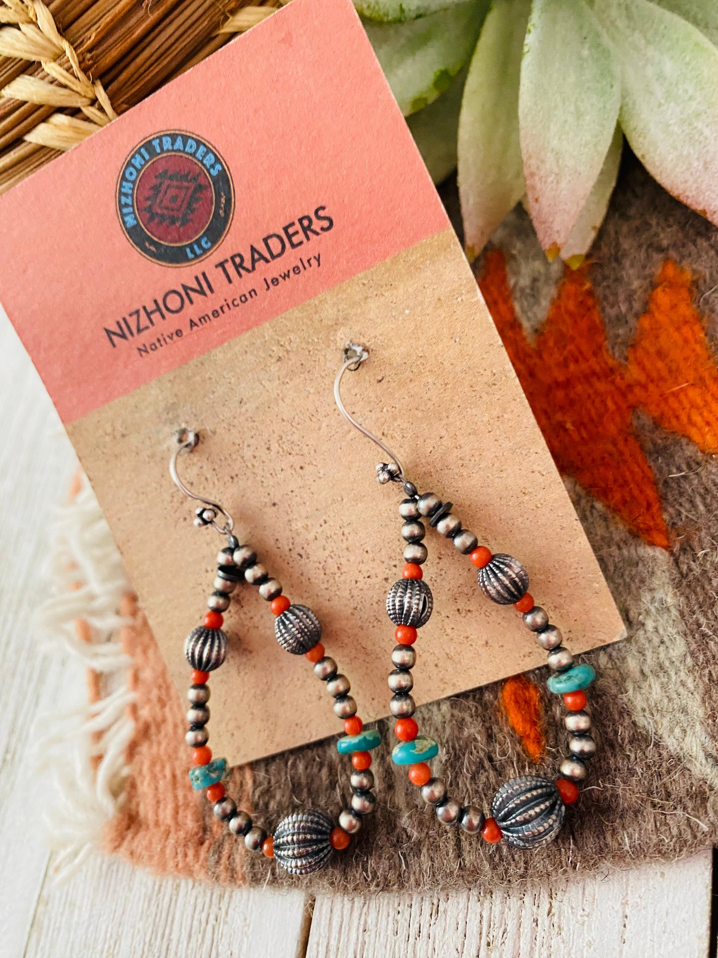 Handmade Coral, Turquoise And Sterling Silver Beaded Dangle Earrings