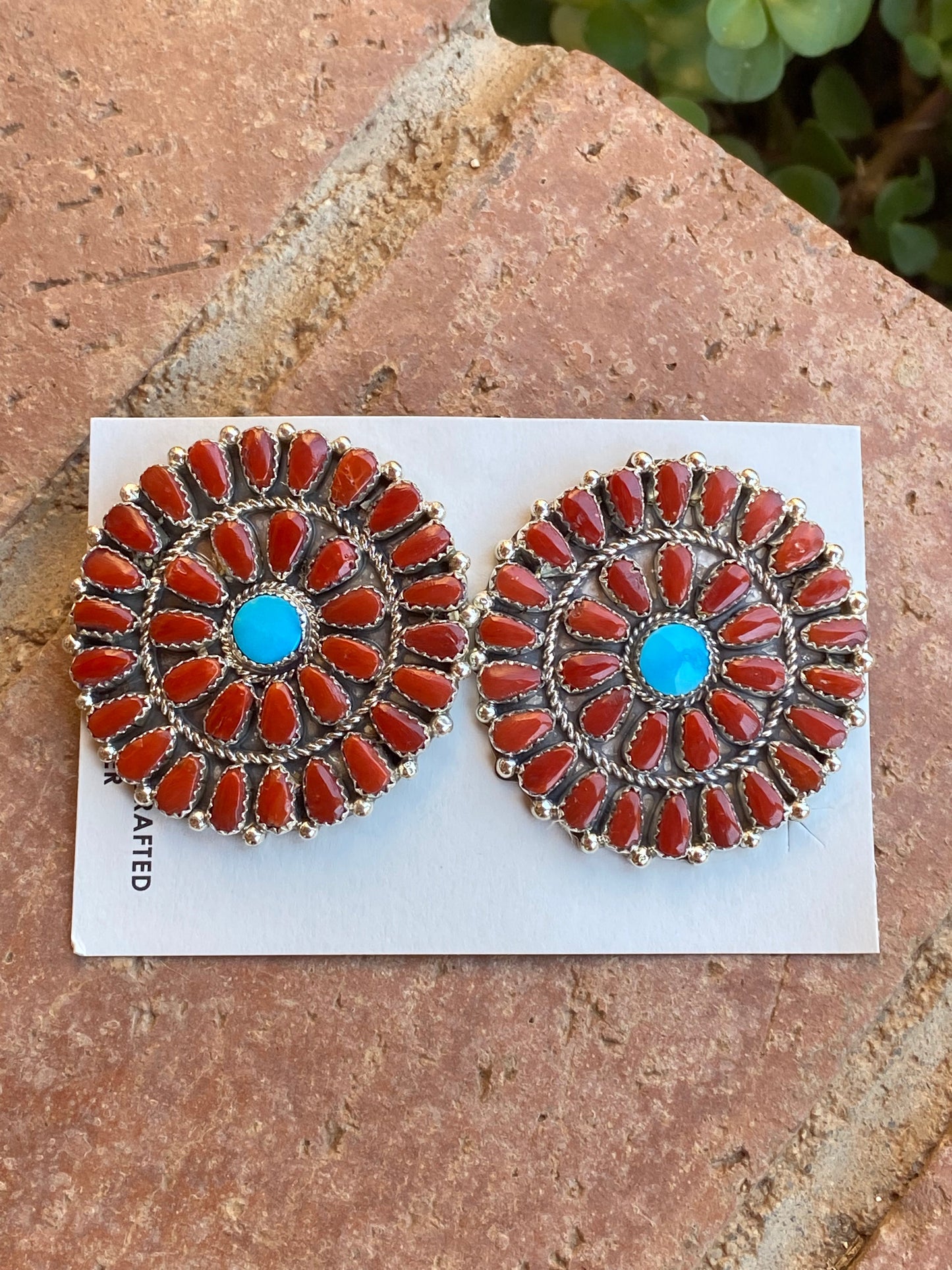 Navajo Natural Turquoise and Coral Cluster Post Earrings