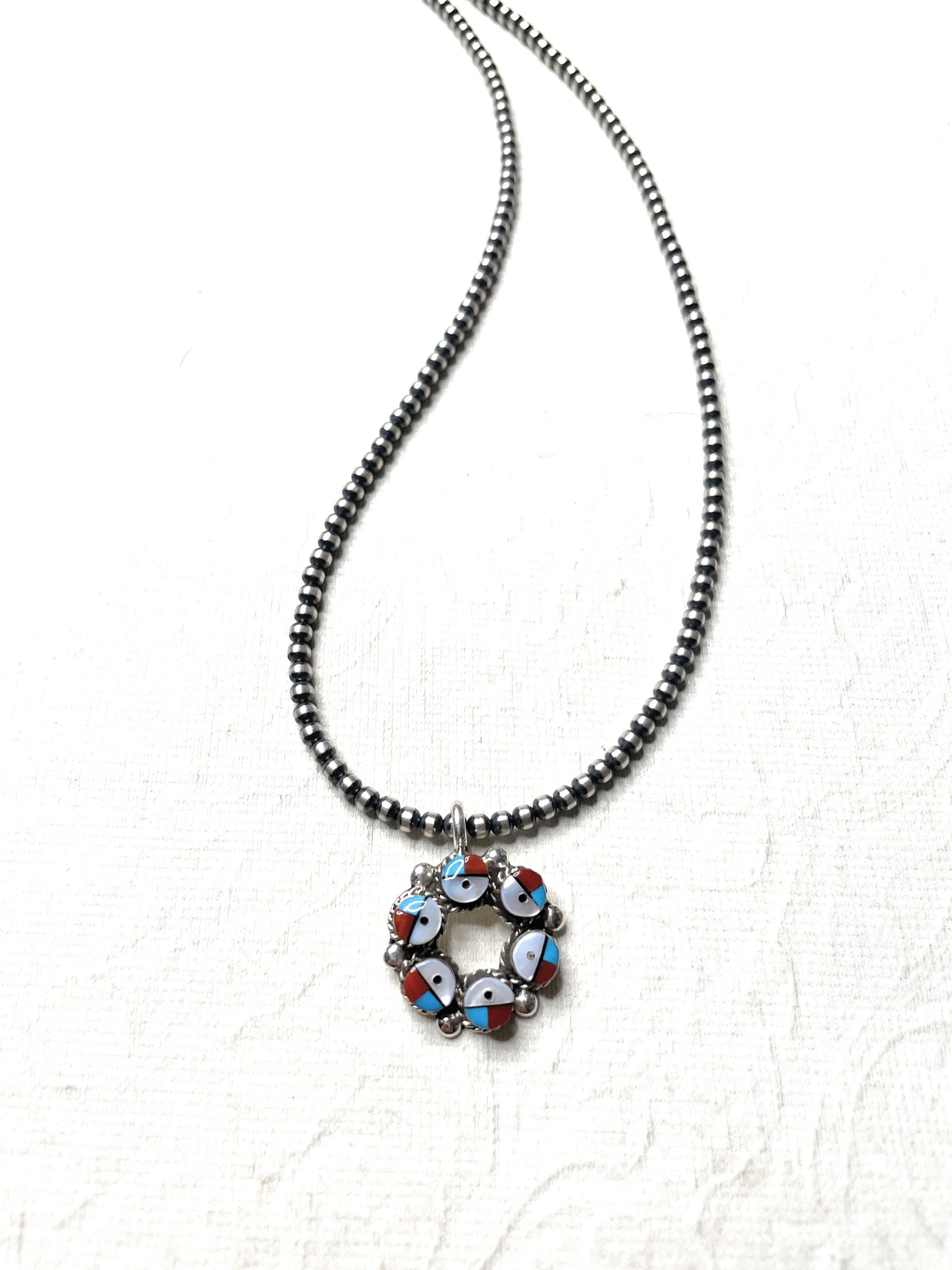 Zuni Sterling Silver, Coral, Mother of Pearl & Turquoise Inlay Pendant