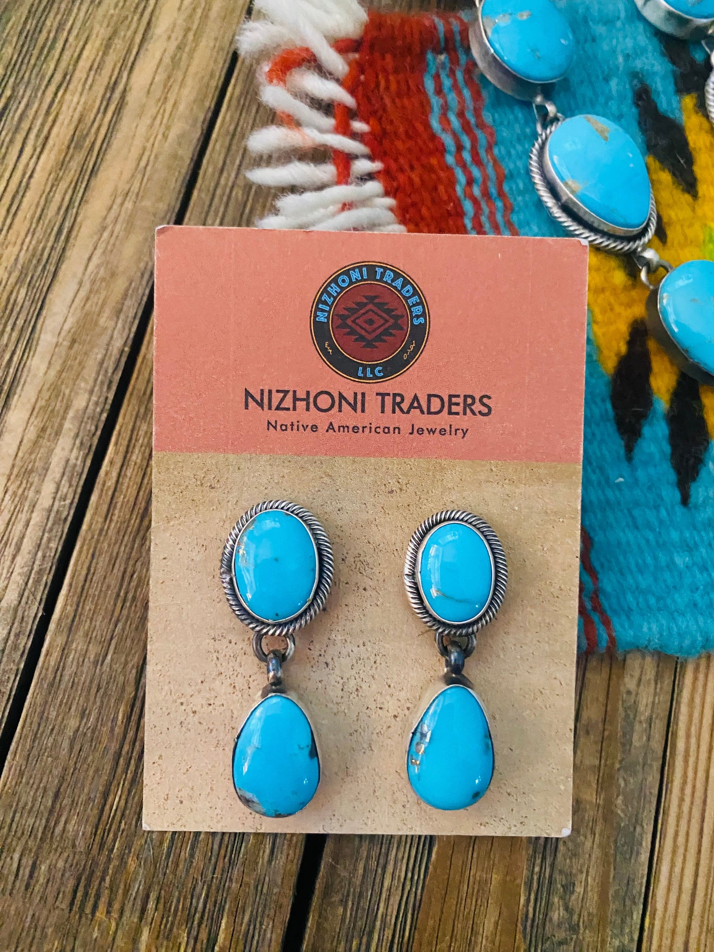 Navajo Sterling Silver & Kingman Turquoise Lariat Necklace Set