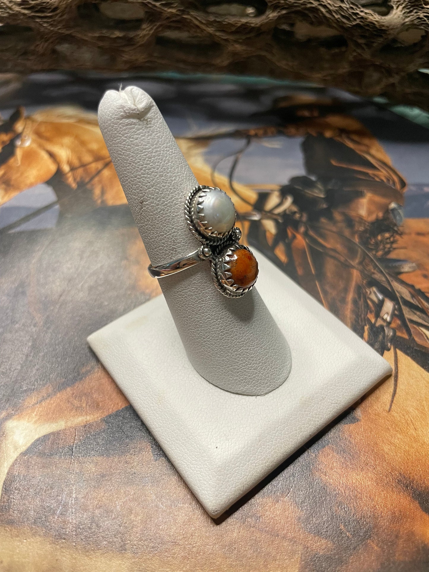 Handmade Apple Coral & Pearl Ring Size 7.5