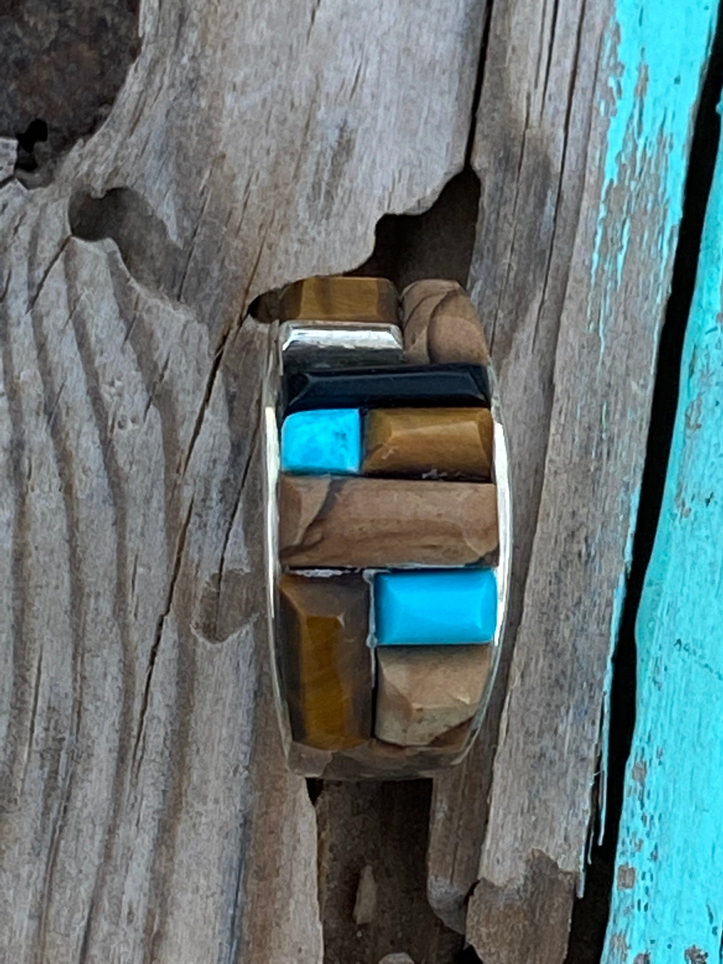 Navajo Turquoise Onyx, Petrified Wood & Sterling silver Ring