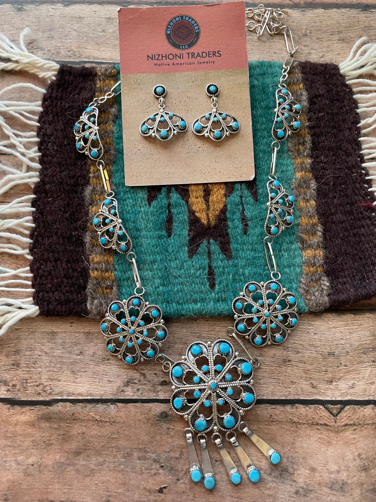 Zuni Sterling Silver & Turquoise Petit Point Necklace & Earring Set Signed