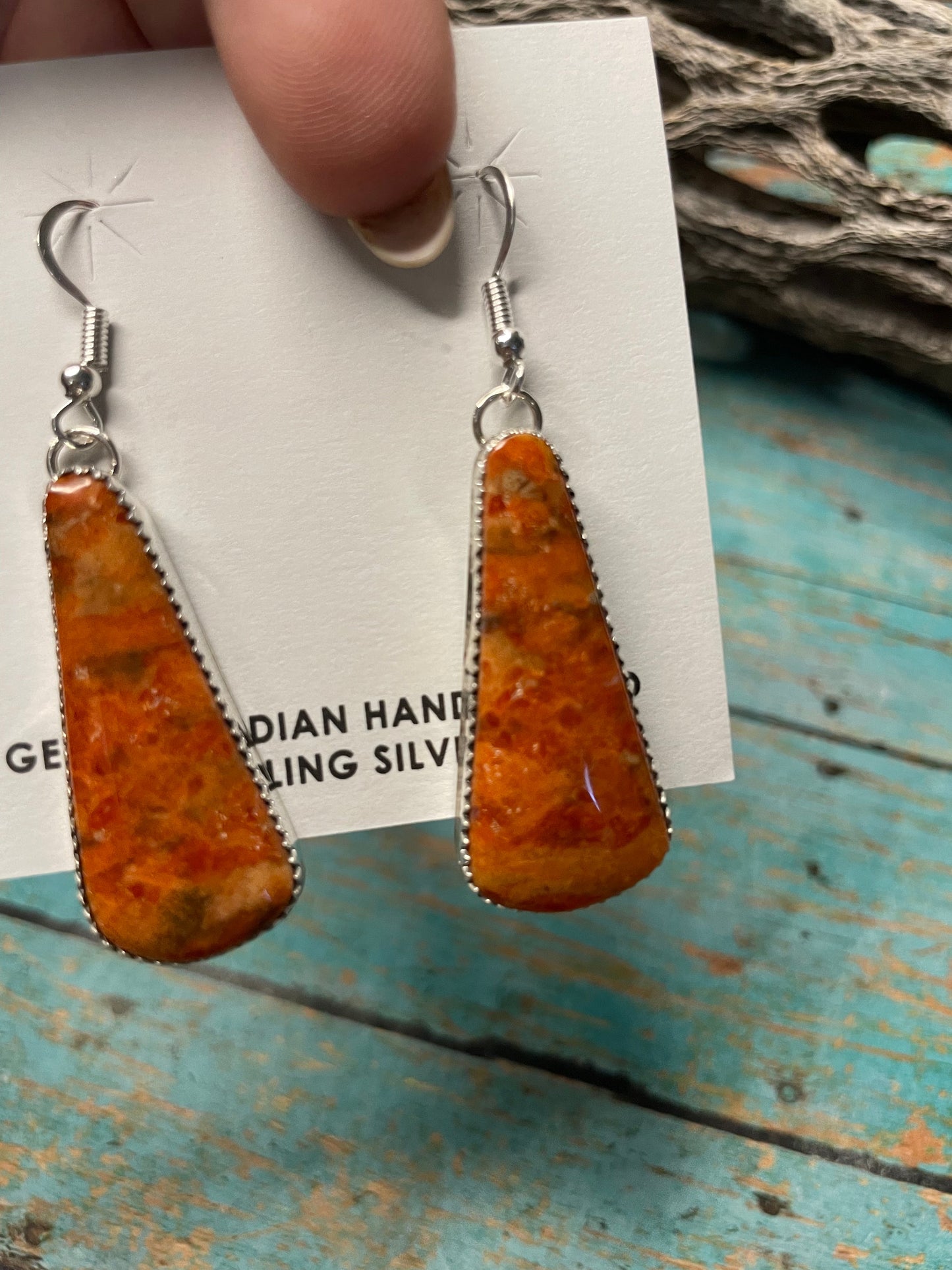 Navajo Apple Coral And Sterling Silver Dangle Earrings