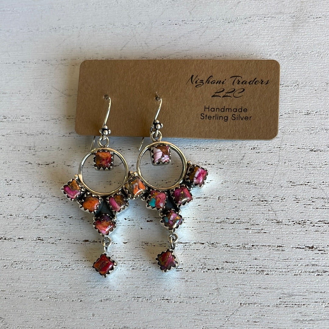 Handmade Mosaic Pink Dream & Sterling Silver Dangle Earrings Signed Nizhoni