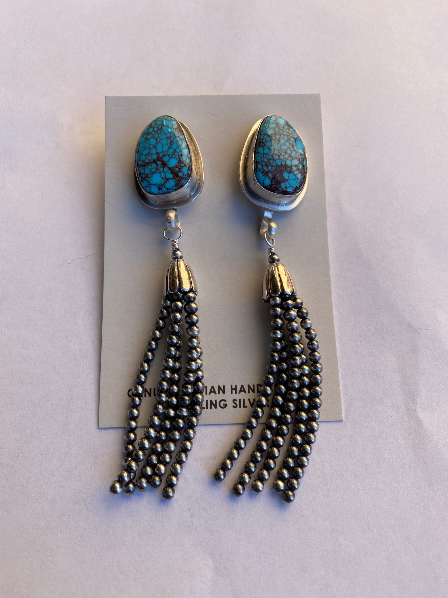 Navajo Steve Yazzie Turquoise & Sterling Silver Pearl Beaded Tassel Dangle Earrings