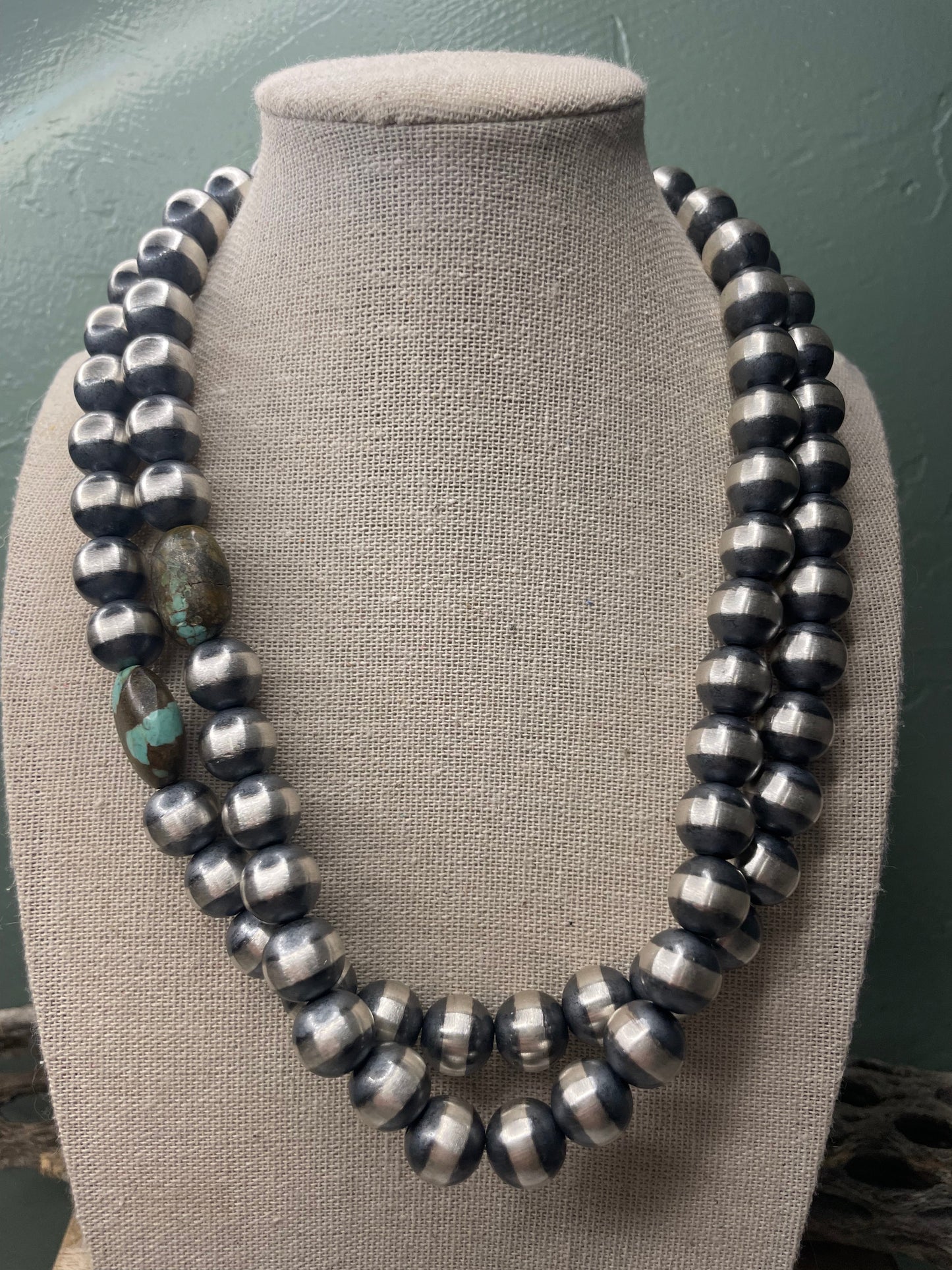 Navajo Sterling Silver Pearl 12mm Beaded Necklace With Natural #8 Stone 18INCH