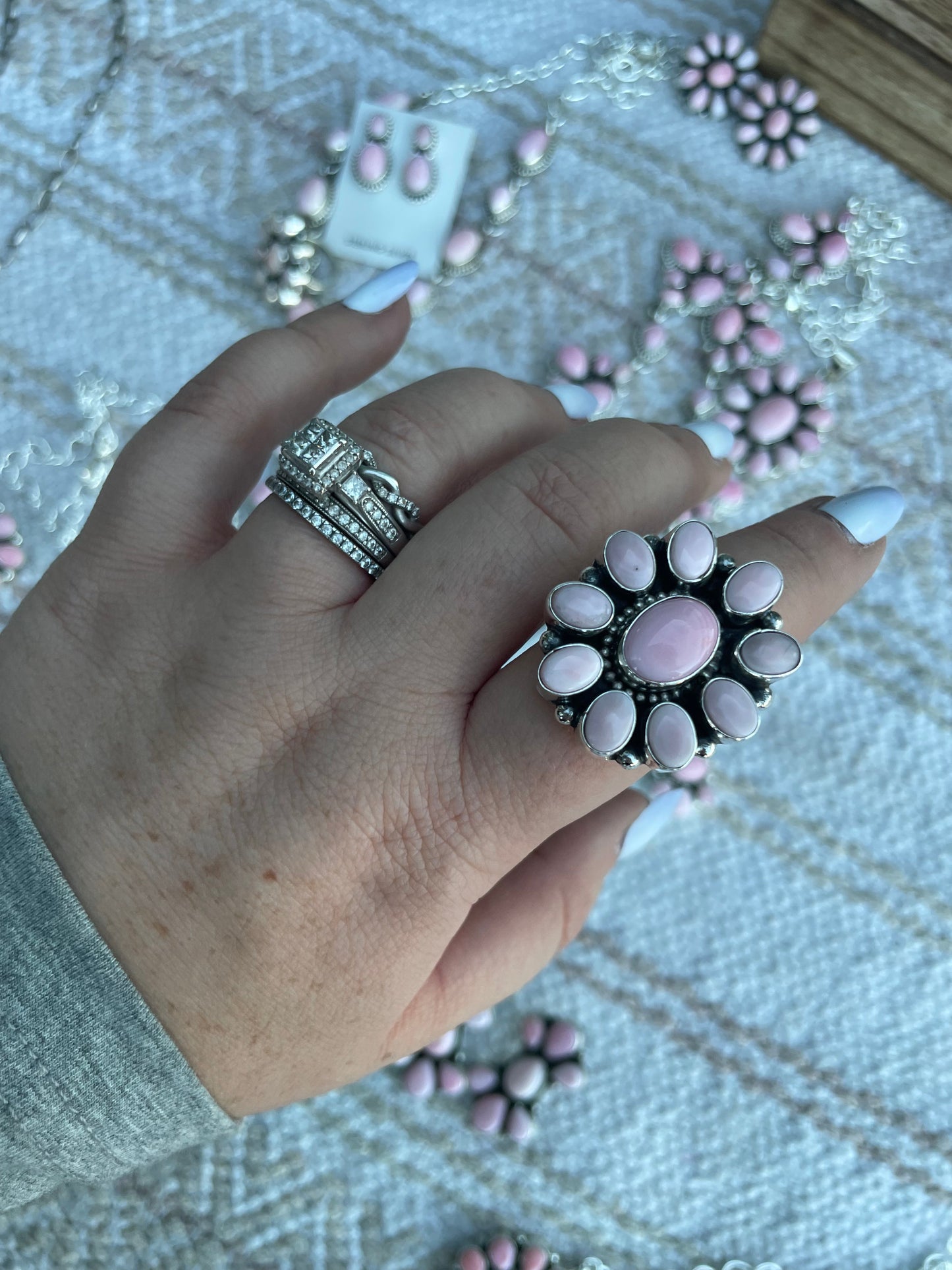 Navajo Pink Conch And Sterling Silver Cluster Ring By Sheila Becenti