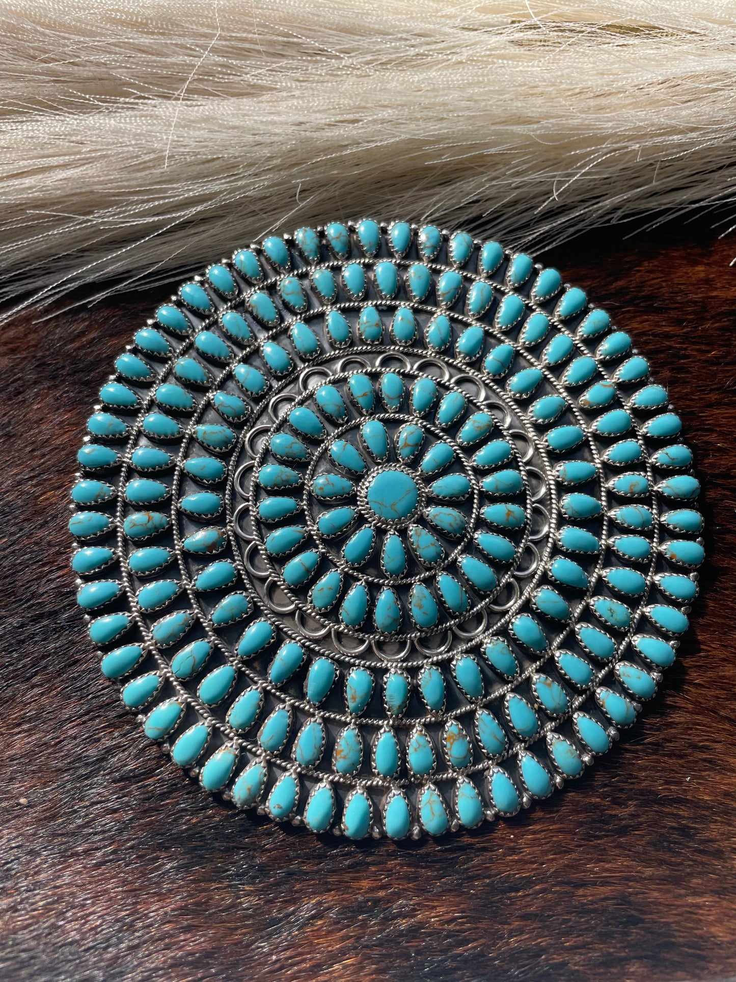 Vintage Navajo Turquoise And Sterling Silver Giant Circle Pendant Pin Signed