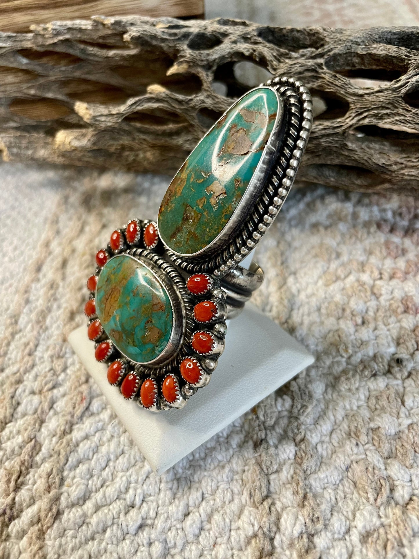 Navajo Sterling Silver Royston Turquoise And Coral Ring Size 10 Signed