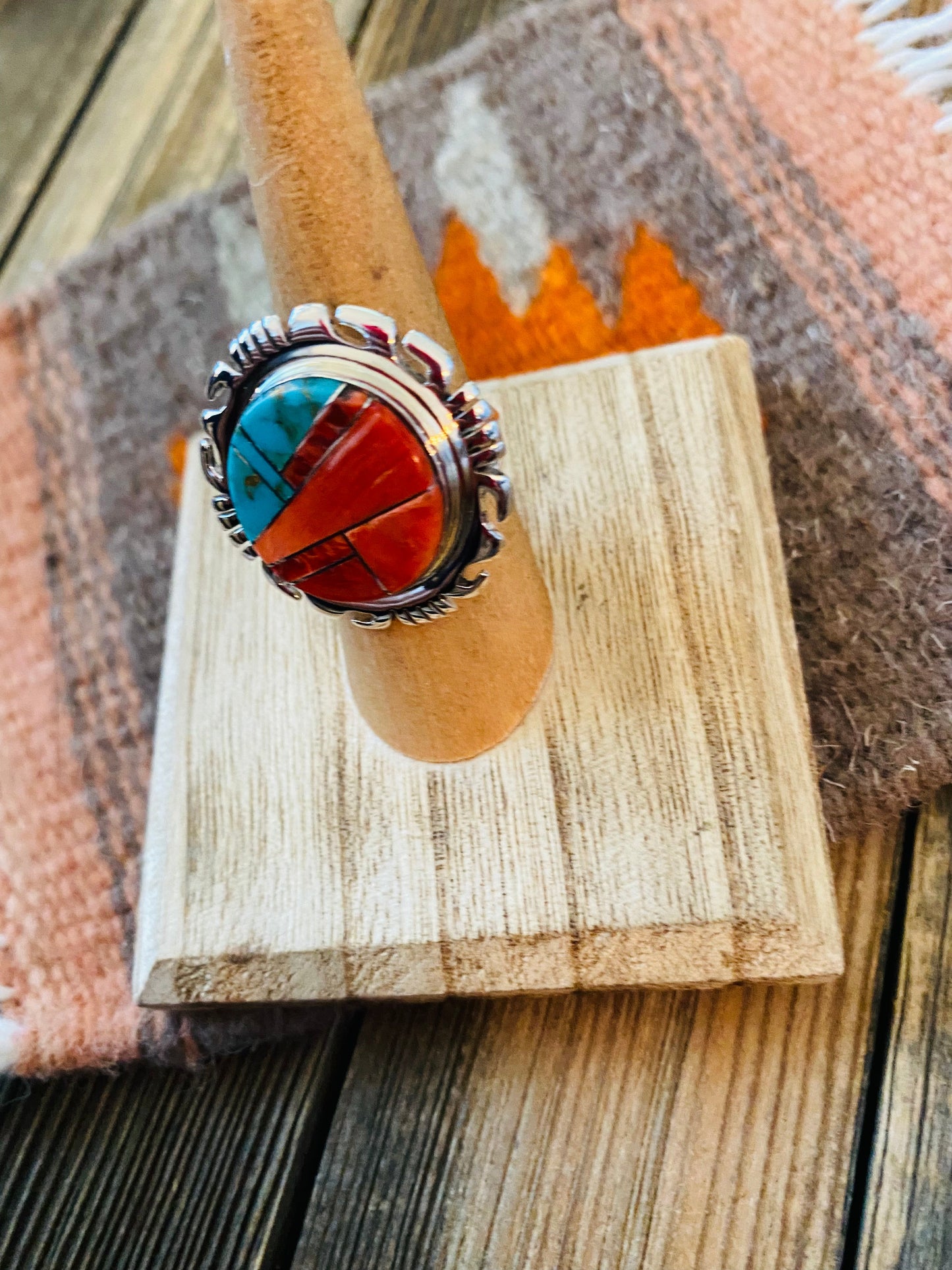 Navajo Sterling Silver, Orange Spiny & Turquoise Inlay Ring Size 6.5