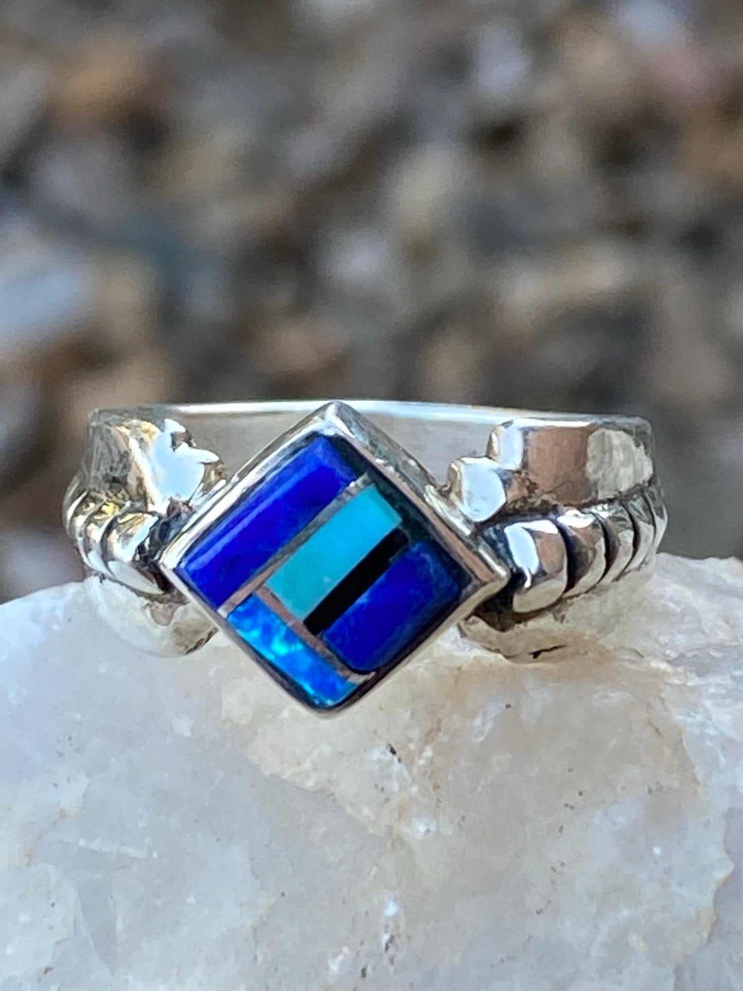 Navajo Lapis, Turquoise, Blue Opal Petite Square Ring