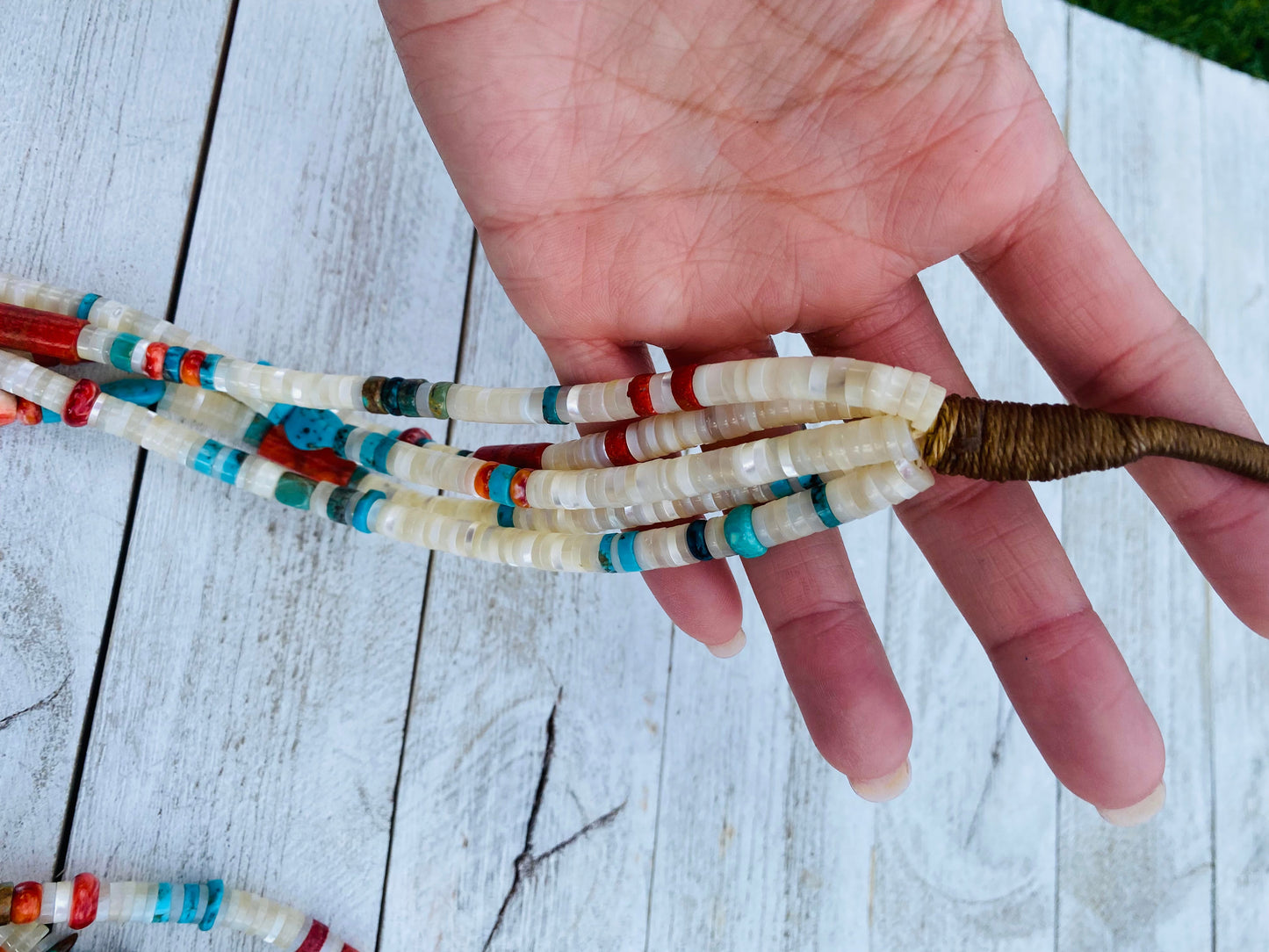 Navajo Mother of Pearl, Turquoise and Spiny Five Strand Beaded Necklace