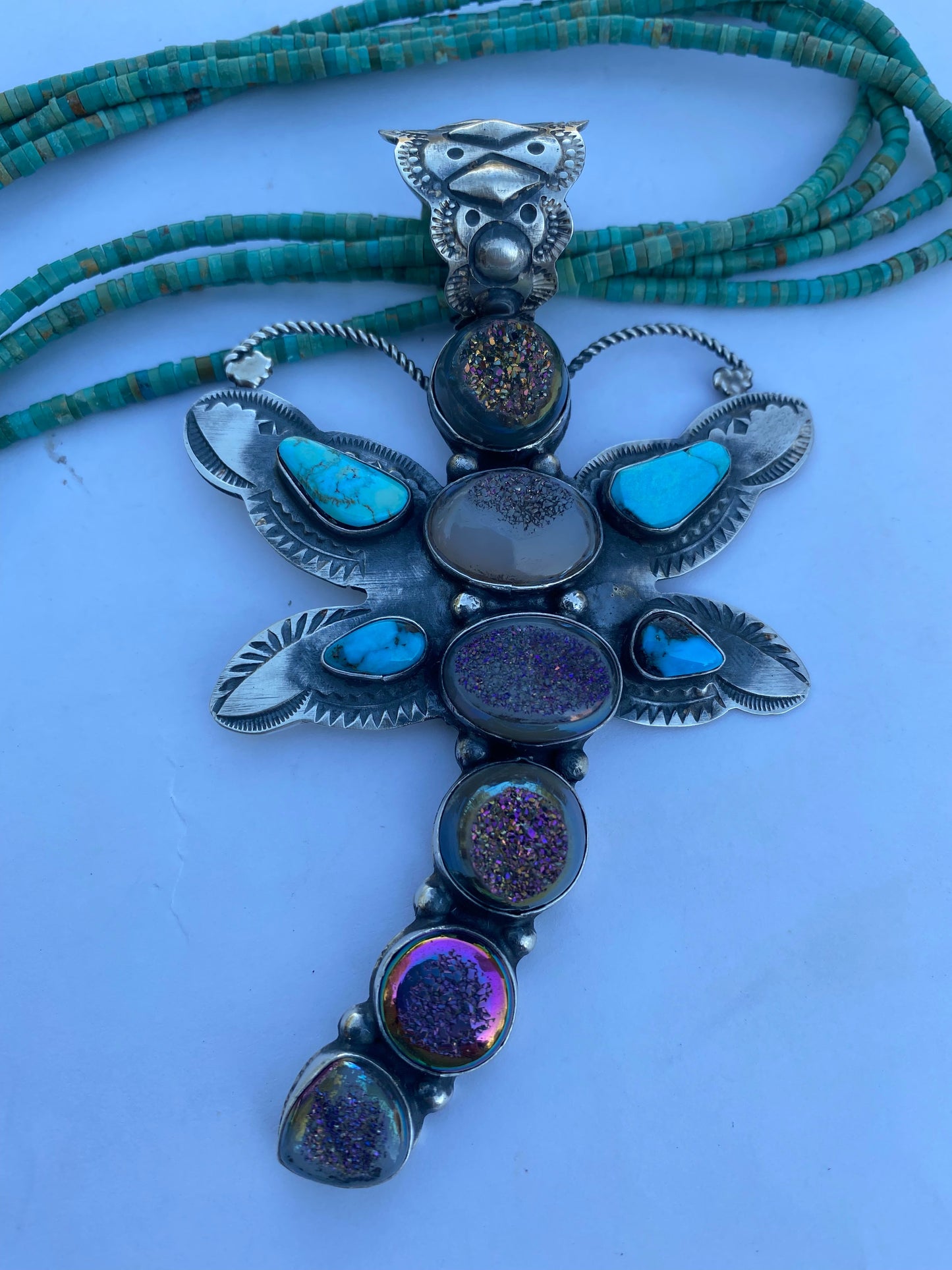 Shawn Cayatenito Sterling Silver Kingman Turquoise & Druzy Dragonfly Pendant