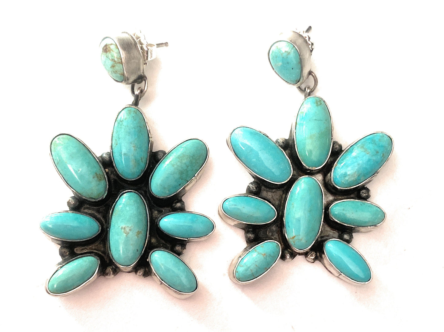 Navajo Turquoise & Sterling Silver Cluster Dangle Earrings