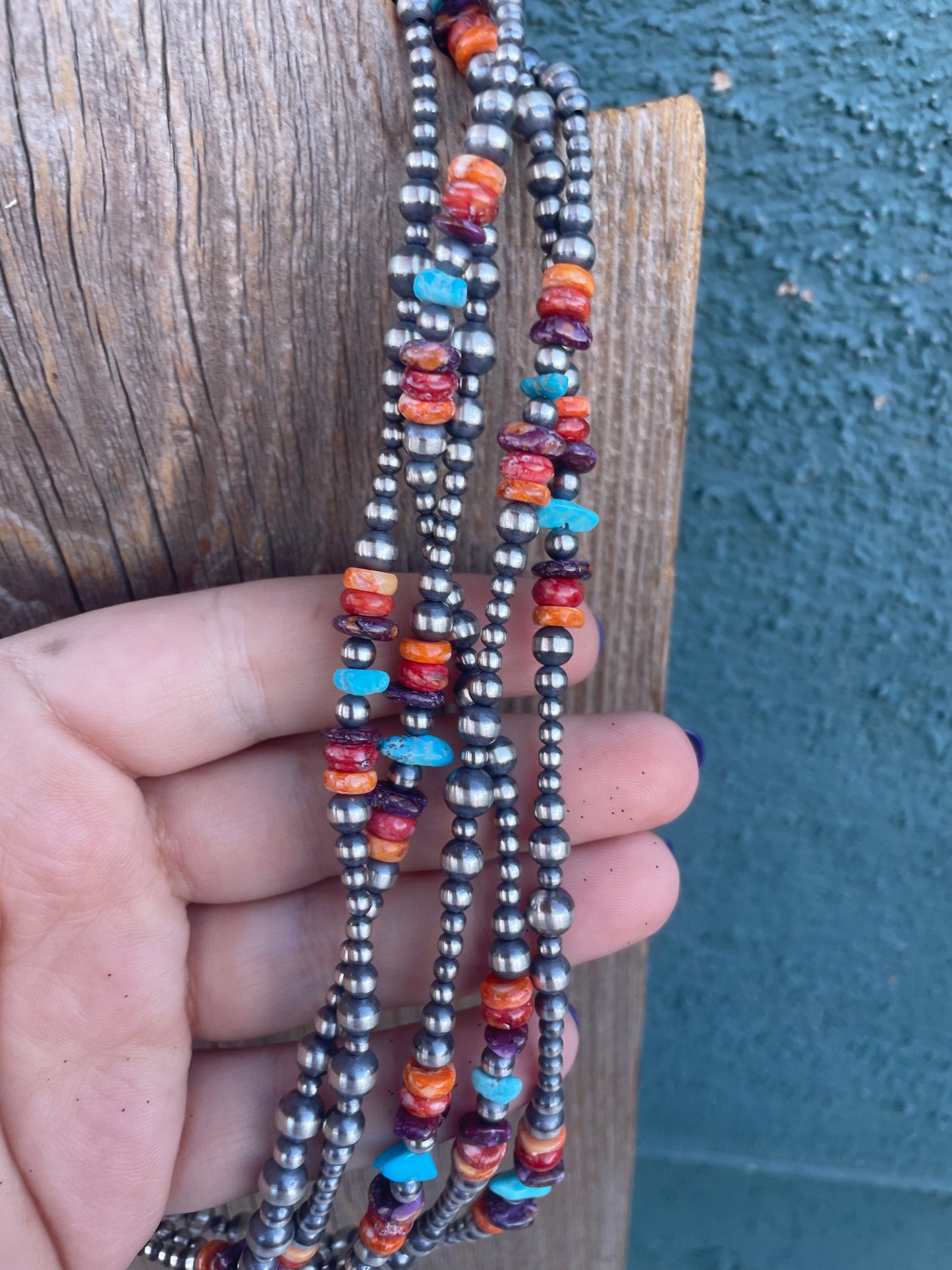 Navajo Multi Stone And Sterling Silver Beaded Necklace 20in