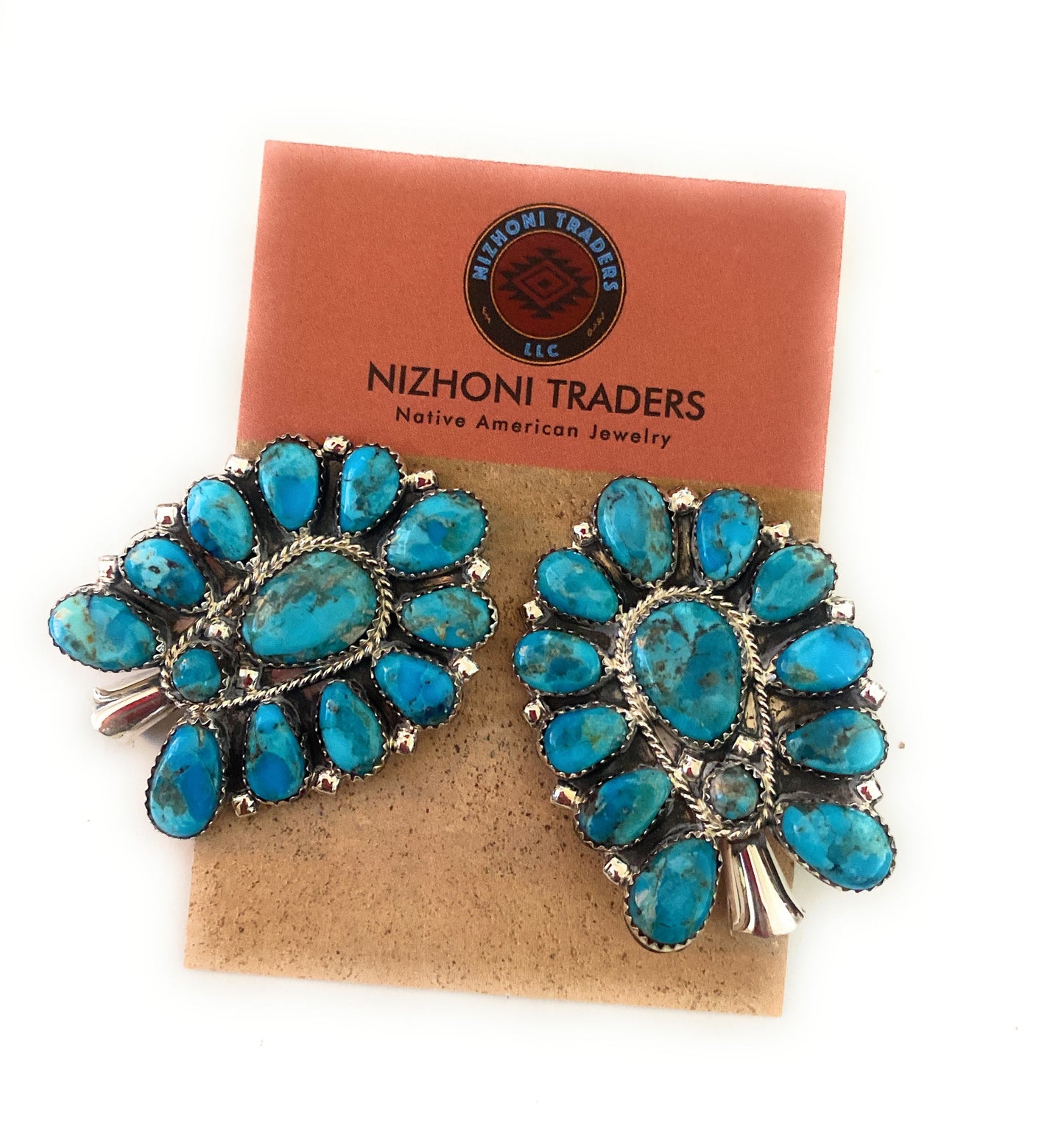 Navajo Sterling Silver & Turquoise Cluster Blossom Earrings