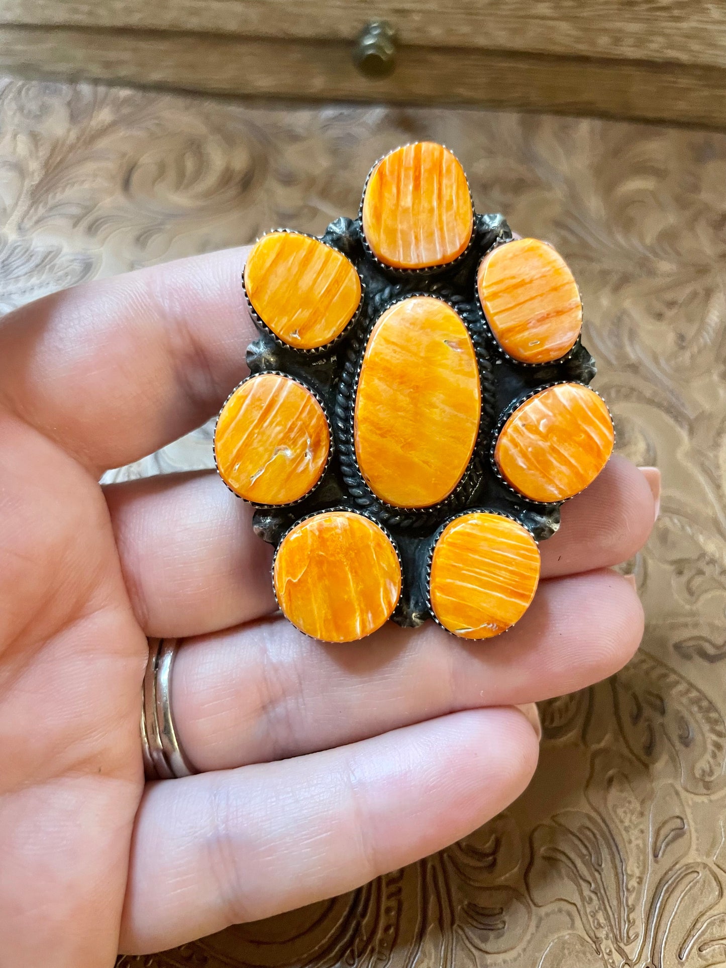 Navajo Sterling Silver And Orange Spiny Ring Size 7