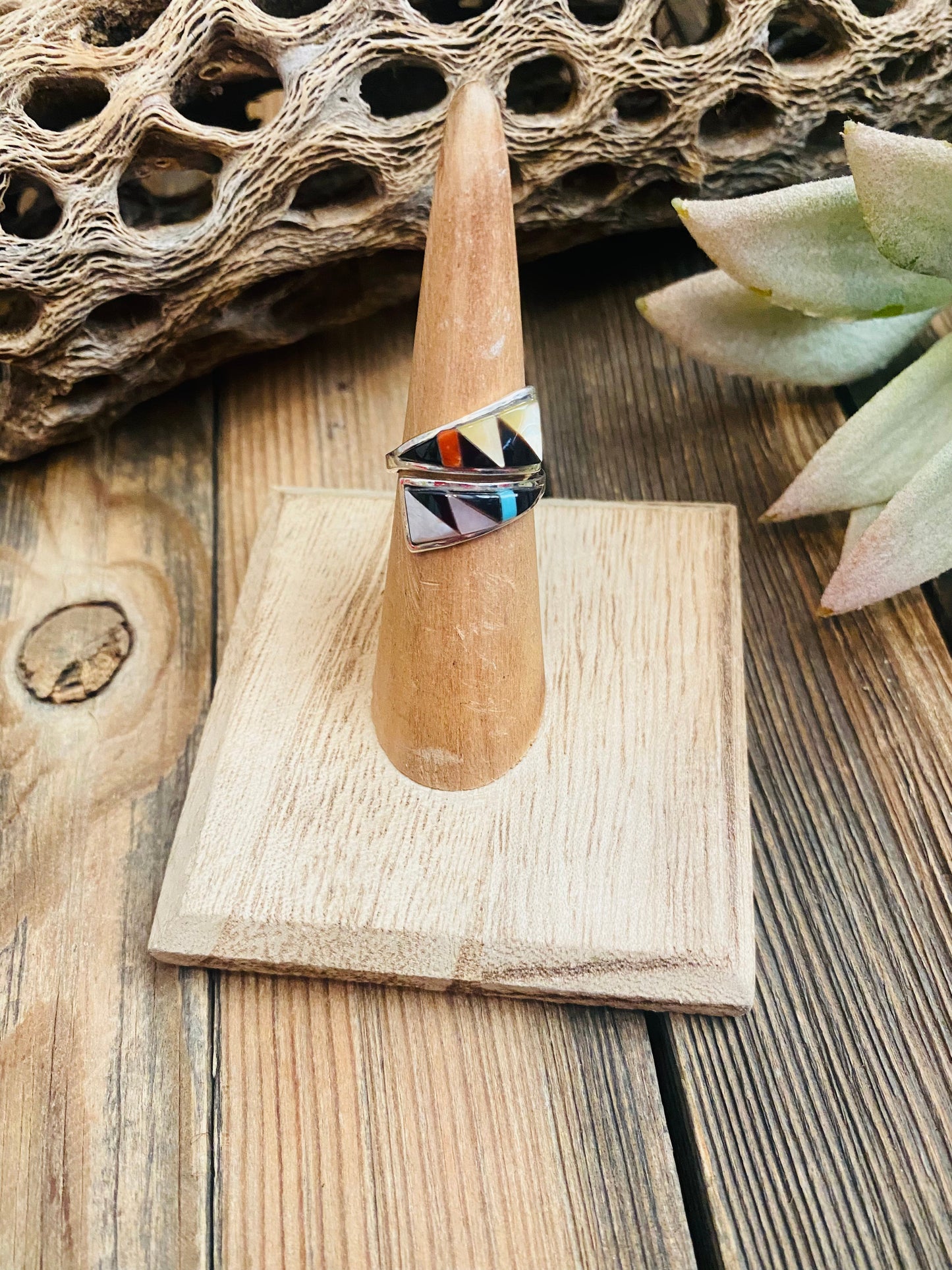 Zuni Sterling Silver & Multi Stone Inlay Adjustable Ring