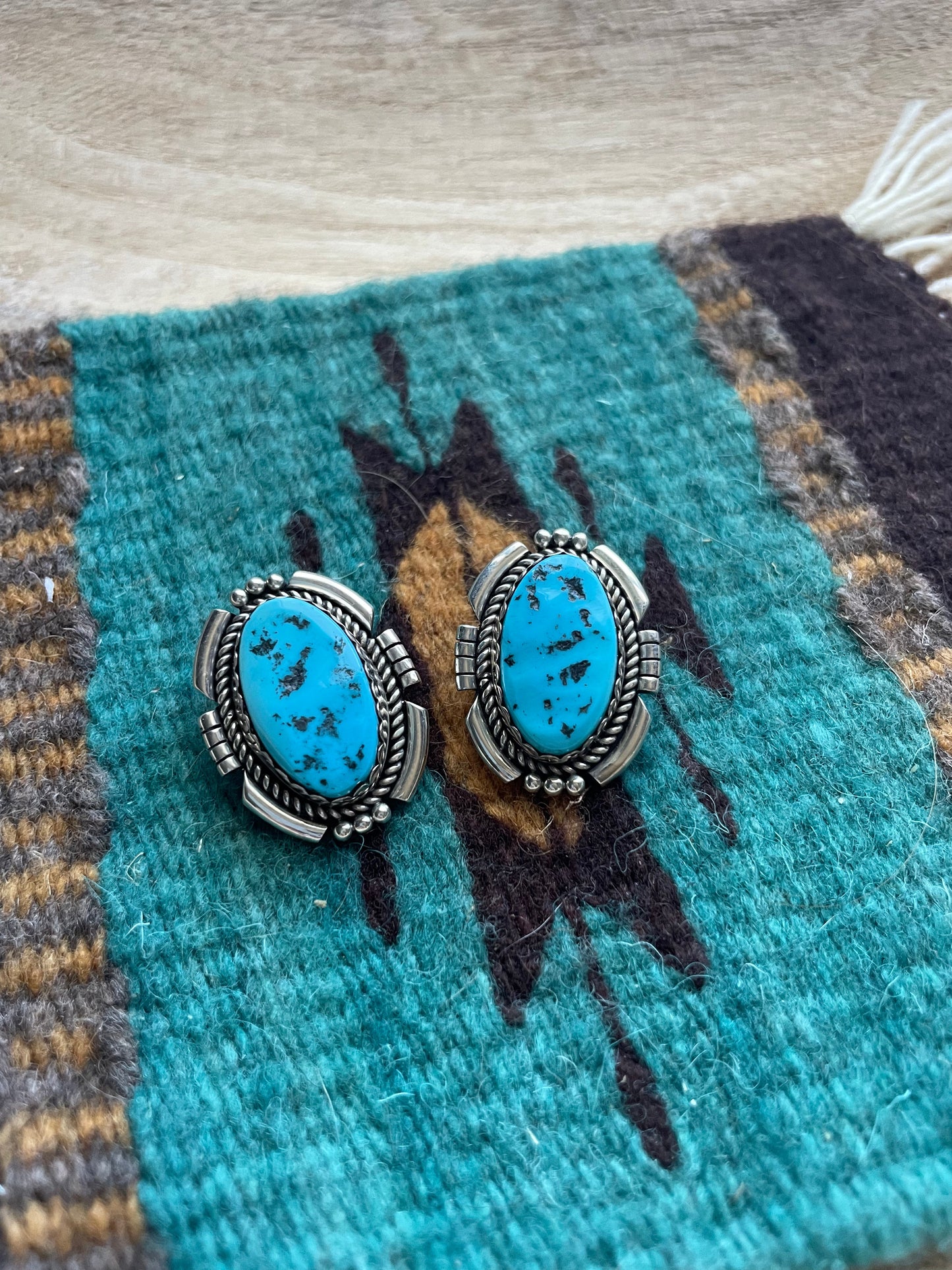 Navajo Sterling Silver & Kingman Turquoise Clip On Earrings