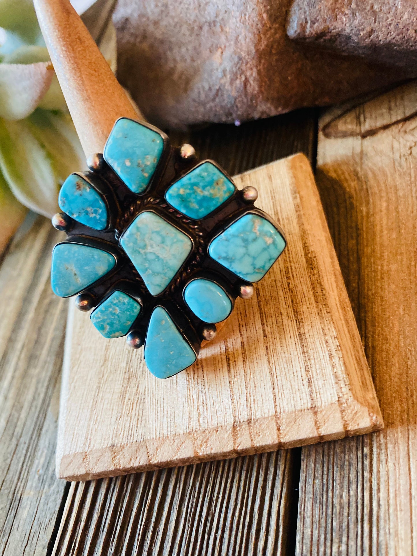 Navajo Kingman Turquoise & Sterling Silver Cluster Ring Size 9