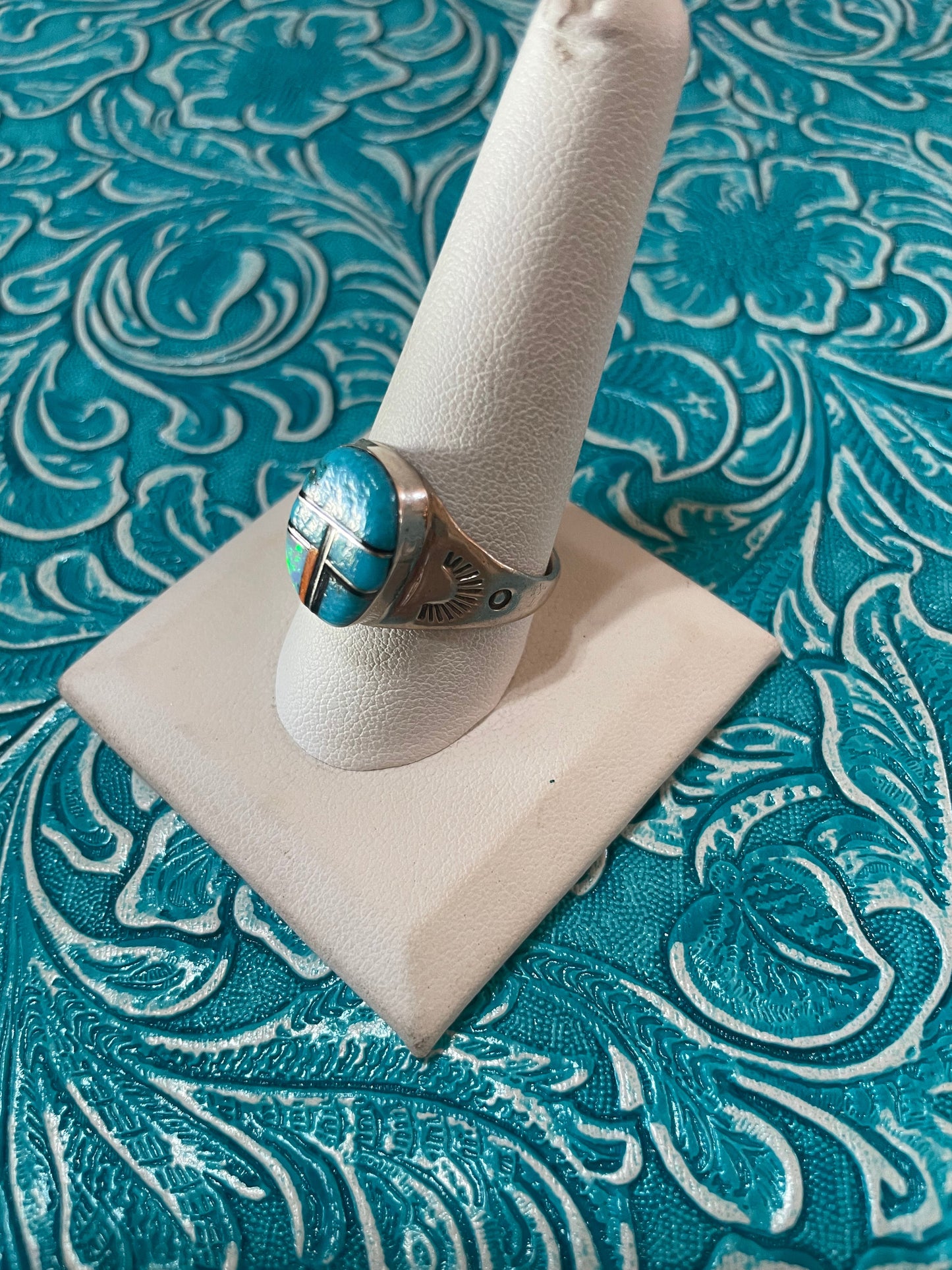 Old Pawn Navajo Sterling Silver & Turquoise Inlay Ring Size 10