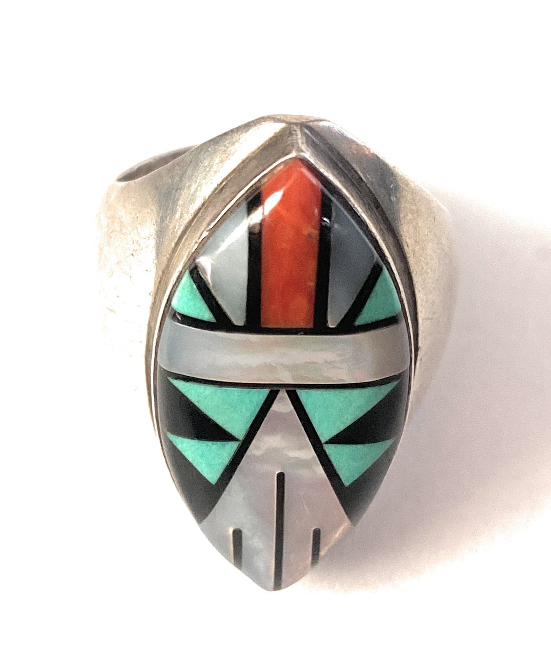 Old Pawn Vintage Navajo Sterling Silver & Multi Stone Inlay Ring Size 10.5
