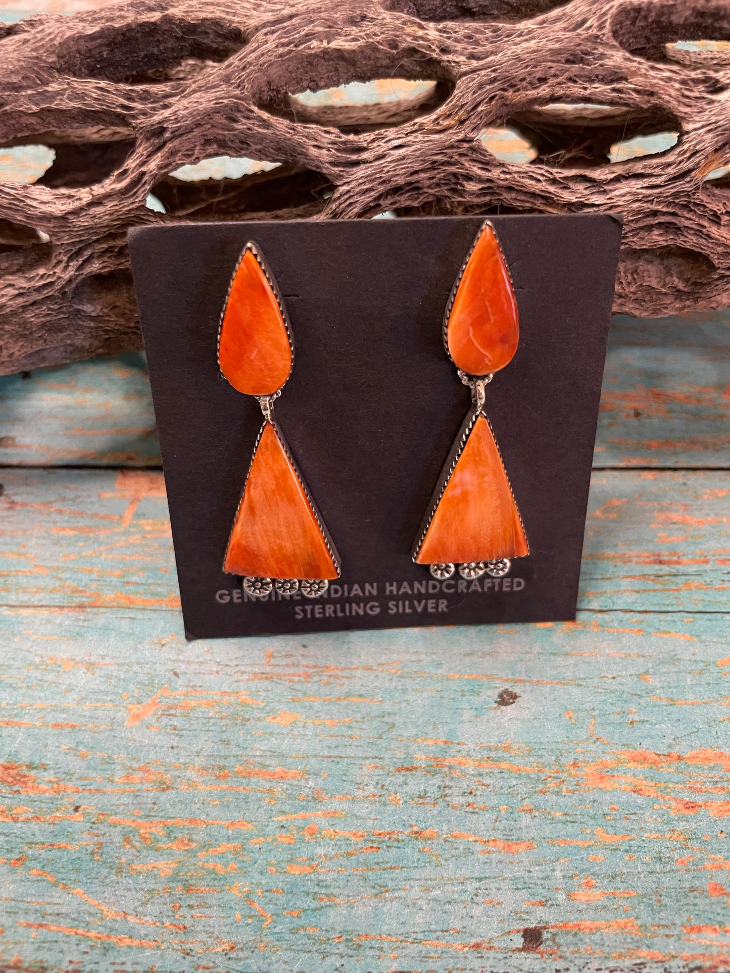 Navajo Sterling Silver And Coral Dangle Earrings