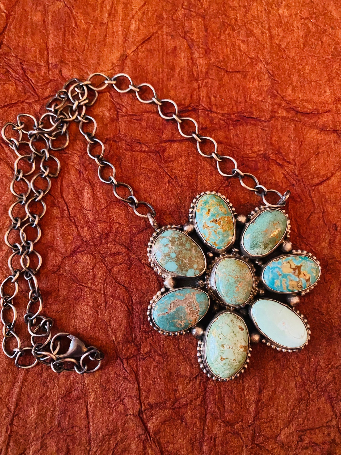 Navajo Sterling Silver & Carico Lake Turquoise Cluster Necklace