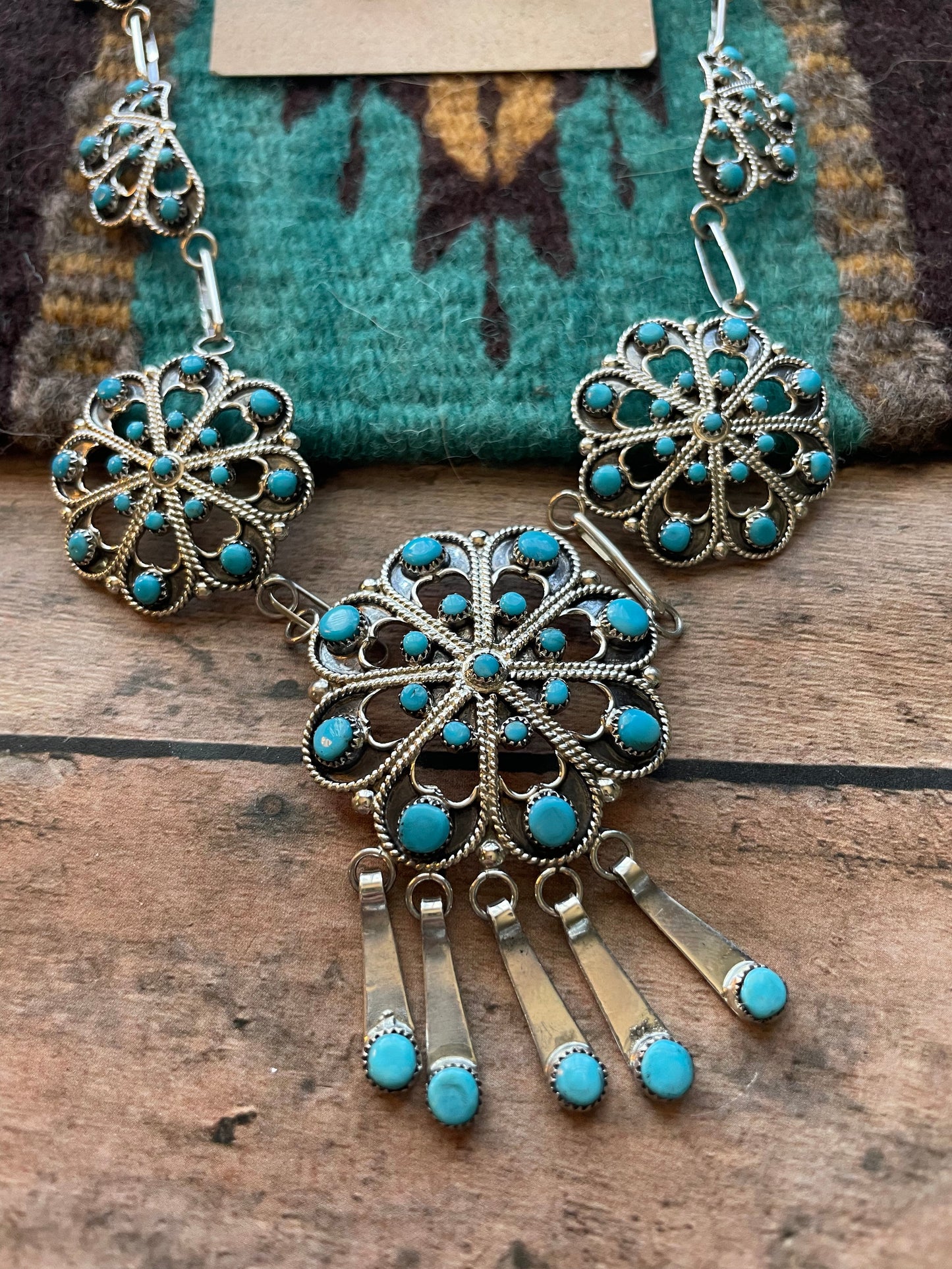 Zuni Sterling Silver & Turquoise Petit Point Necklace & Earring Set Signed