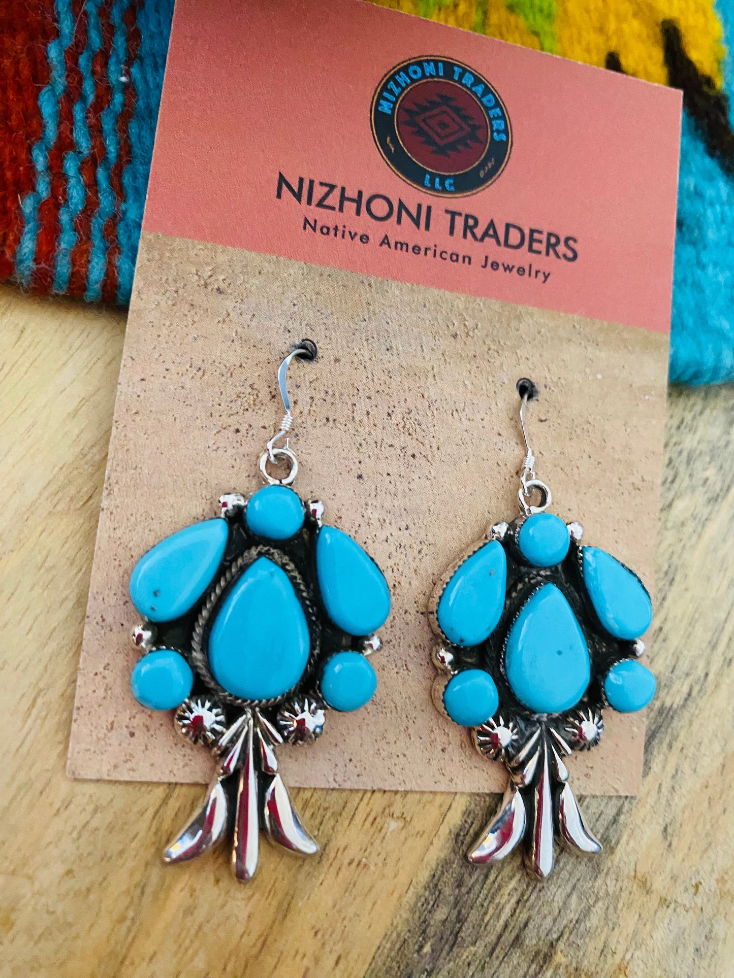 Navajo Sterling Silver & Turquoise Cluster Dangle Earrings