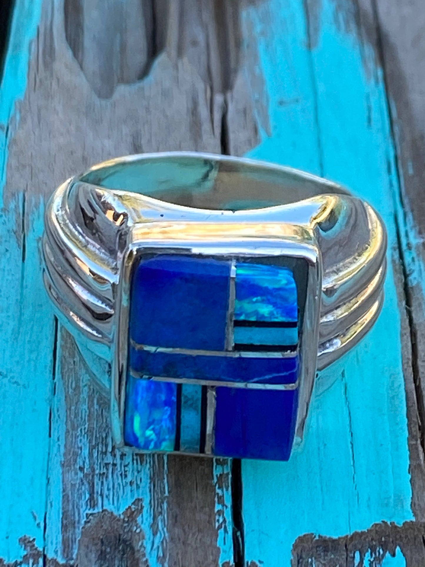 Navajo Lapis, Turquoise, Blue Opal Signet Ring