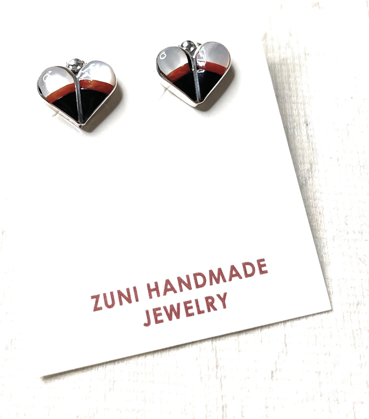 Zuni Sterling Silver, Coral, Onyx, & Mother of Pearl Stud Heart Earrings