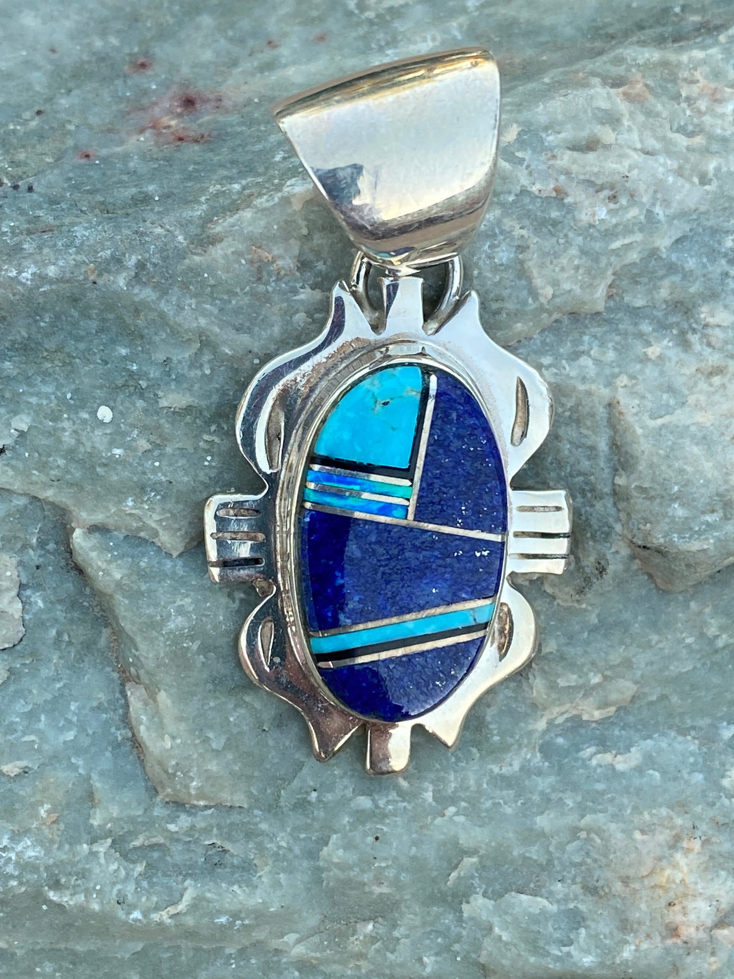 Navajo Lapis, Turquoise, Blue Jagged Opal Oval Pendant