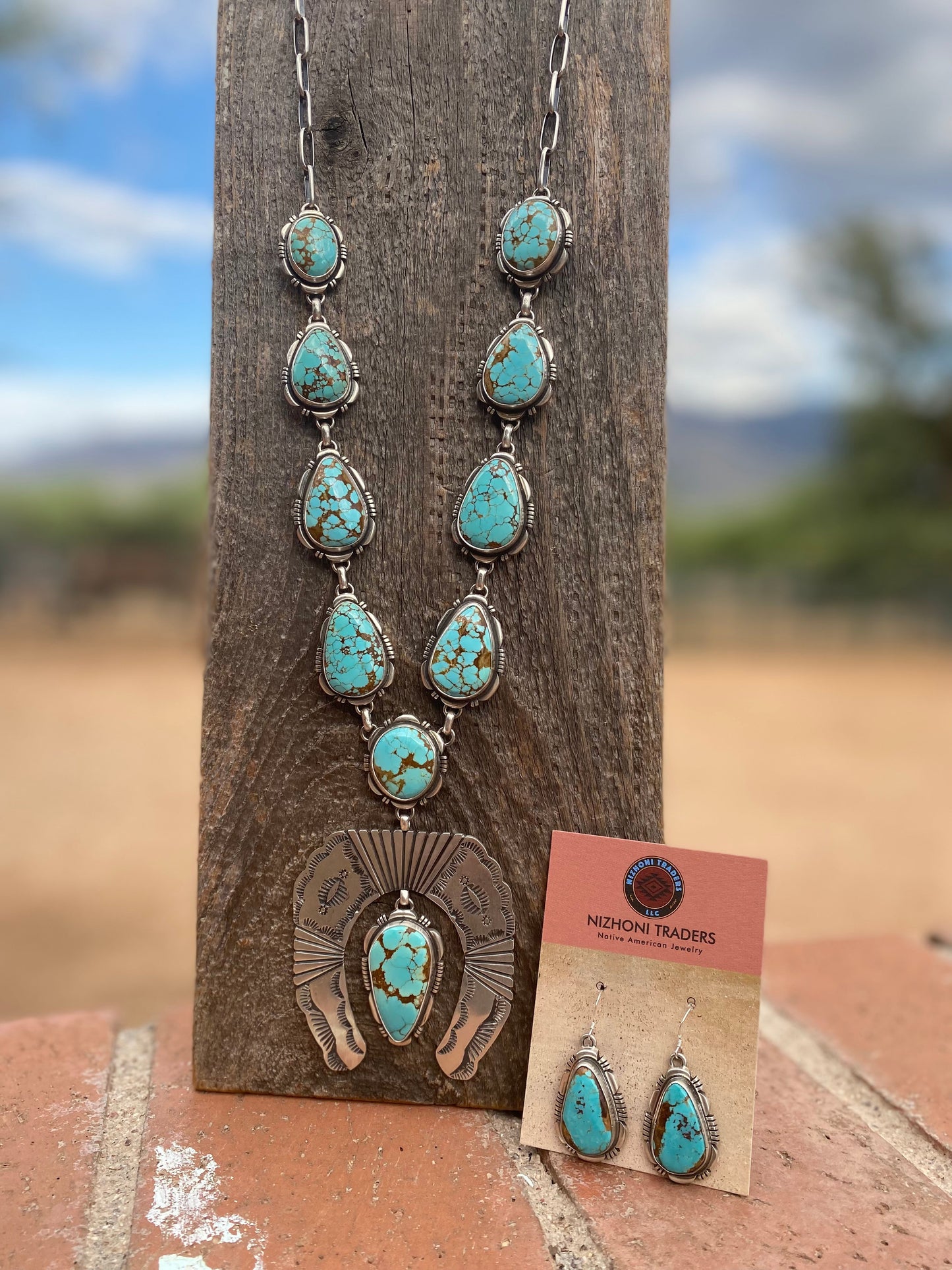 Navajo Handmade Number 8 Turquoise & Sterling Silver necklace set