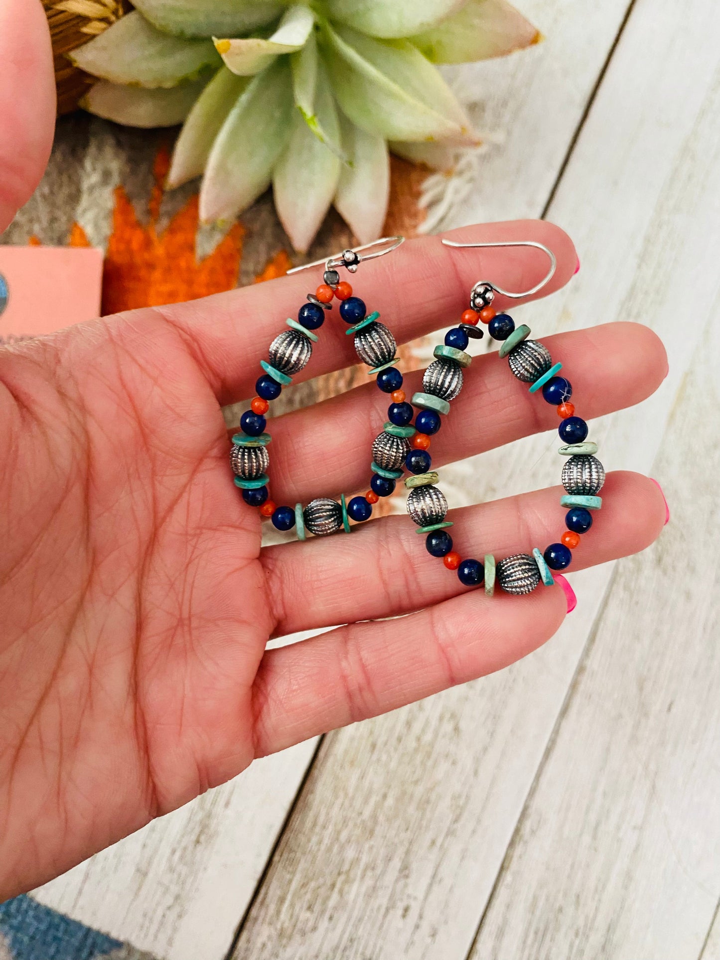 Handmade Turquoise, Coral, Lapis And Sterling Silver Beaded Dangle Earrings