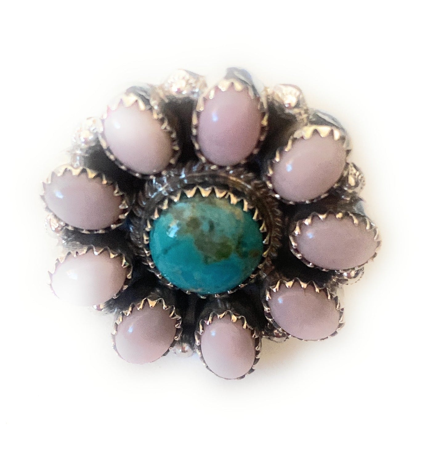 Handmade Sterling Silver, Mother of Pearl & Turquoise Cluster Adjustable Ring