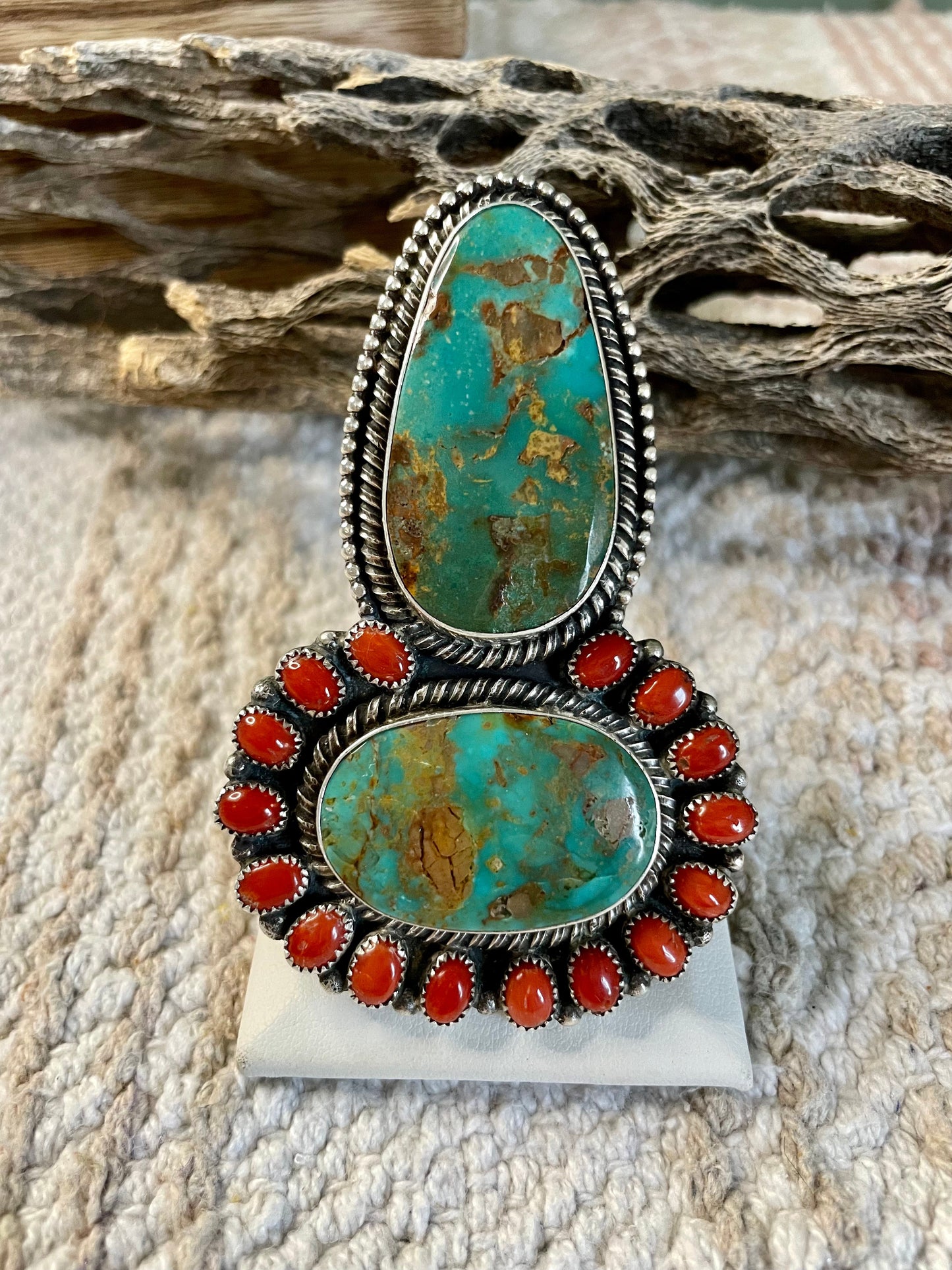 Navajo Sterling Silver Royston Turquoise And Coral Ring Size 10 Signed