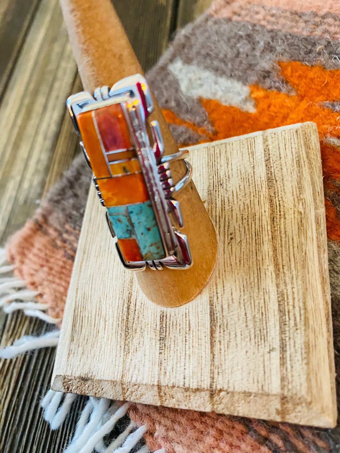 Navajo Sterling Silver, Orange Spiny & Turquoise Inlay Ring Size 6.5