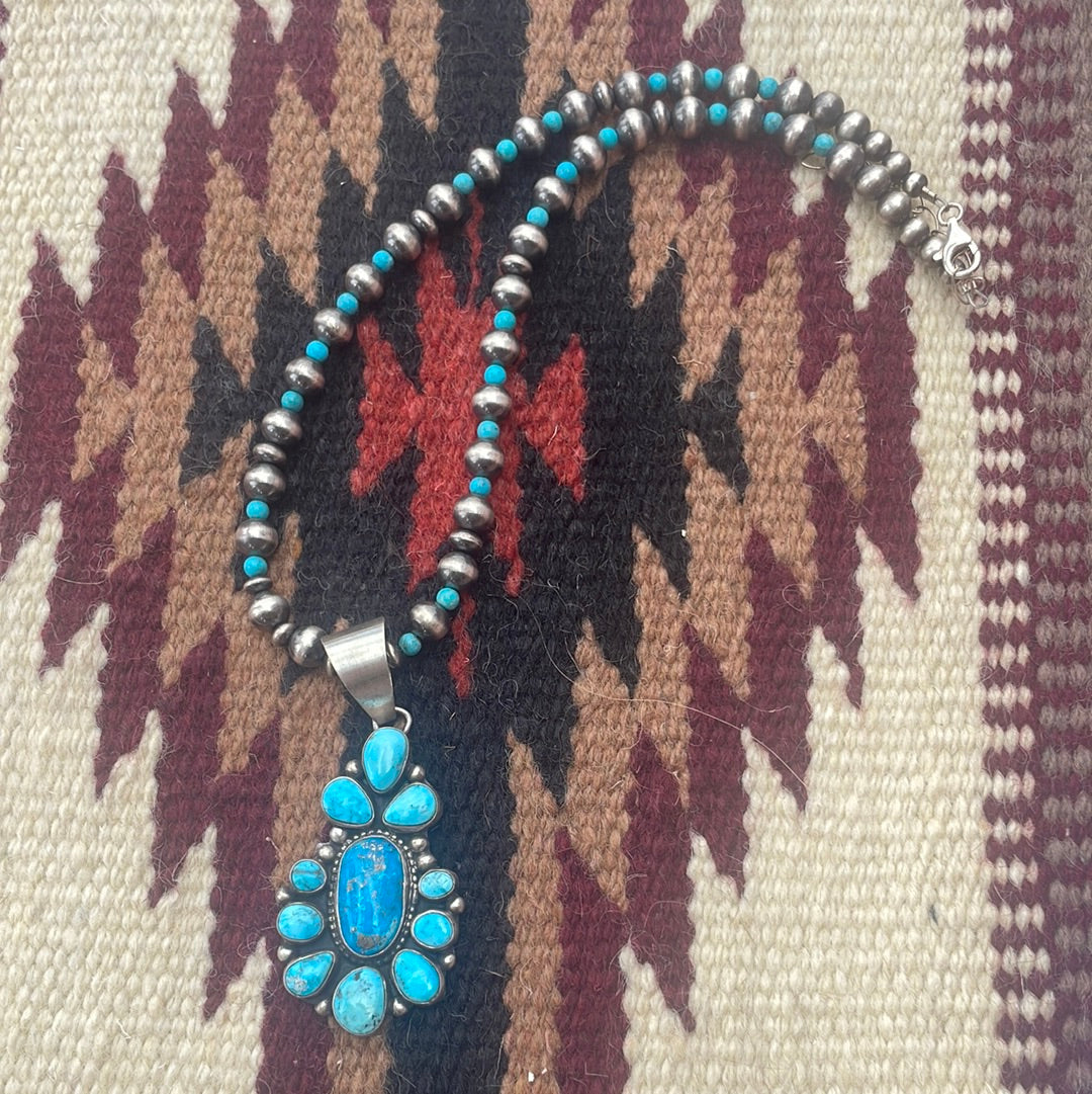 Navajo Sterling Silver & Turquoise Beaded Necklace With Pendant Signed Kathleen G