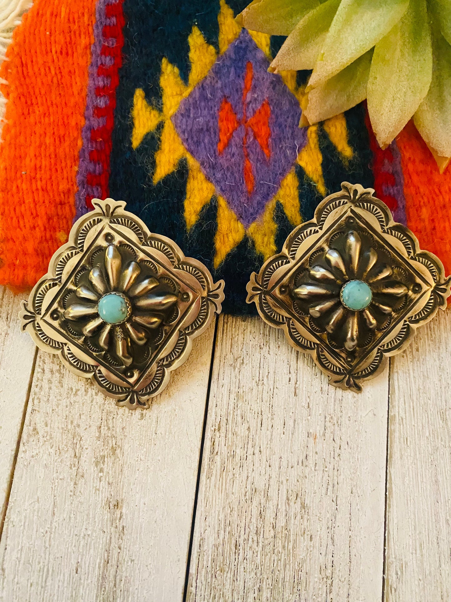 Vintage Old Pawn Navajo Turquoise & Sterling Silver Post Earrings