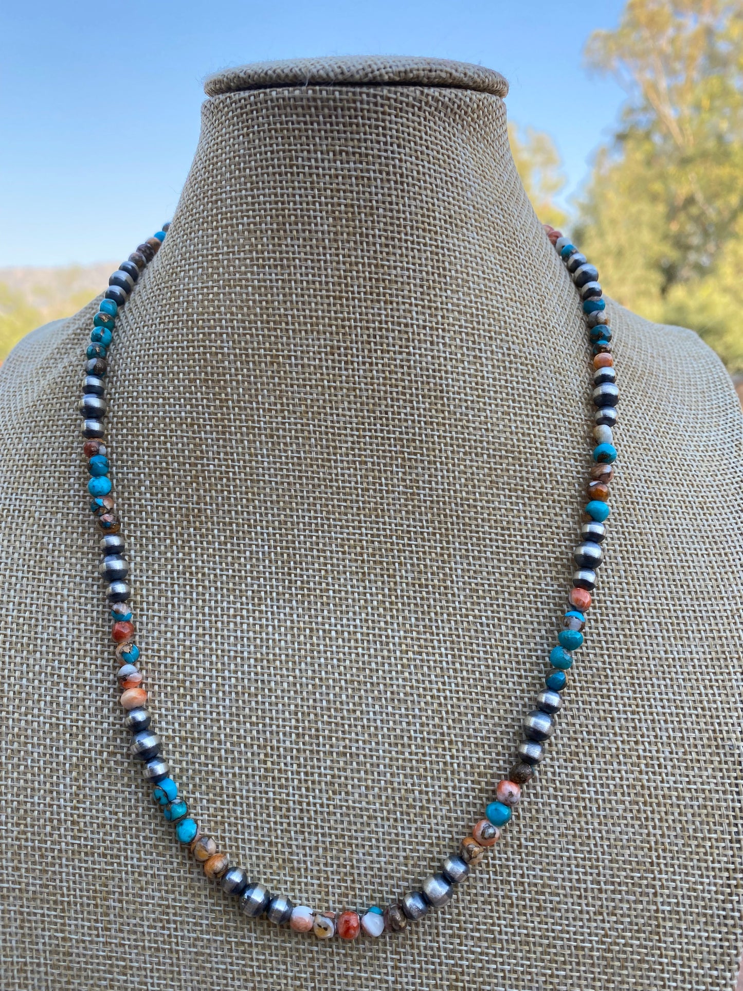 Navajo Turquoise & Spiny Spice Sterling Silver Beaded Necklace 20 inch