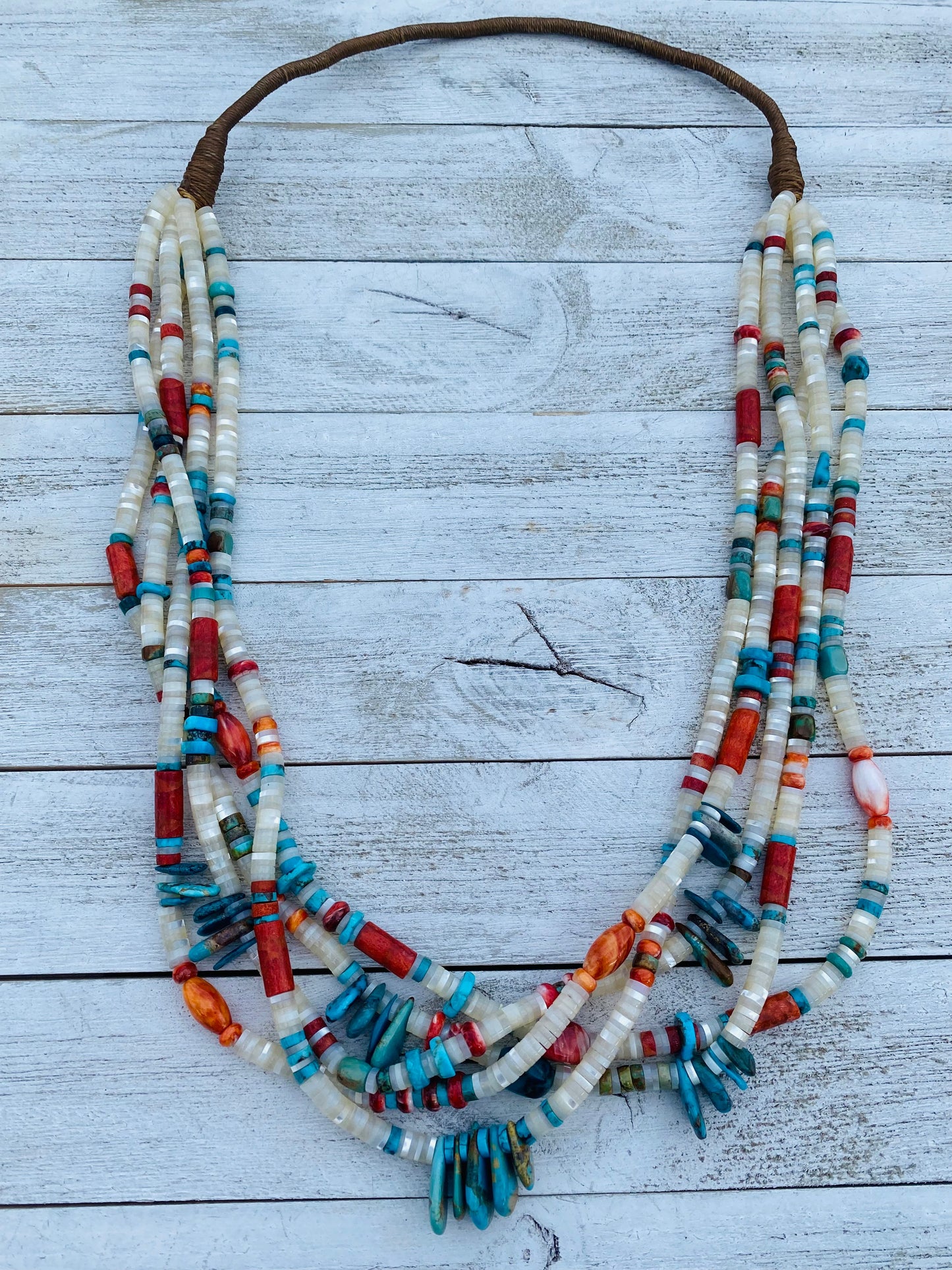 Navajo Mother of Pearl, Turquoise and Spiny Five Strand Beaded Necklace